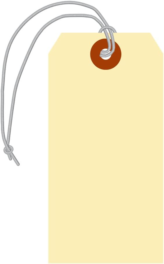 SmartSign Blank Manila Shipping Tags with Elastic Strings - Pack of 100, Size-5, 13pt Thick Pre-Strung Cardstock Tag, 4.75 x 2.375 inch, Paper Hang Tags with Reinforced Fiber Patch, Made in USA