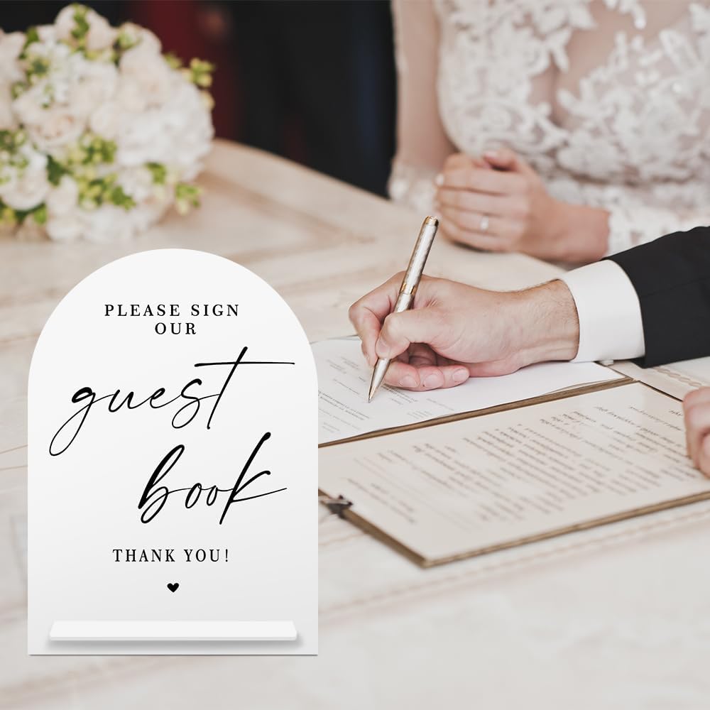 White Acrylic Guest Book Sign, Please Sign Our Guestbook Sign with Stand- 8x11 Inch Modern Calligraphy Arch Diagonal Acrylic Sign for Wedding Reception, Wedding Decoration Sign-bs-hlp05