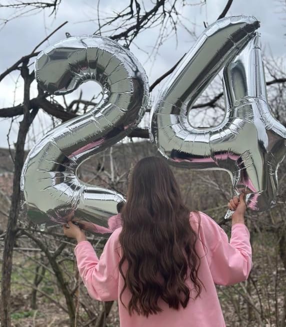 40 Inch Silver Large Number 24 Birthday Balloon, Giant Number 24 42 Balloons, Foil Mylar Big Balloons for Anniversary Graduation Supplies Decorations
