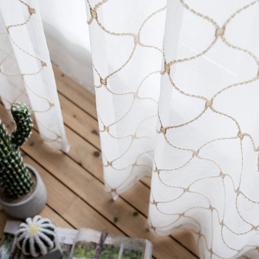 Sheer Curtains Gold 95 Inches Long, Embroidered Wave Diamond Window Treatments Rod Pocket Drapes for Living room, Bedroom, Semi Crinkle Voile Curtain Panels for Yard, Patio, Villa, Set of 2, 52"x95".