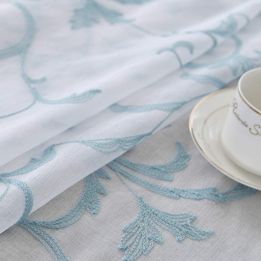 Floral Embroidery Sheer Curtains Blue 45 Inch Length, Vintage Rod Pocket Voile Drapes for Living room, Bedroom, Window Treatments Semi Crinkle Curtain Panels for Villa, Parlor, Set of 2, 52"x 45".