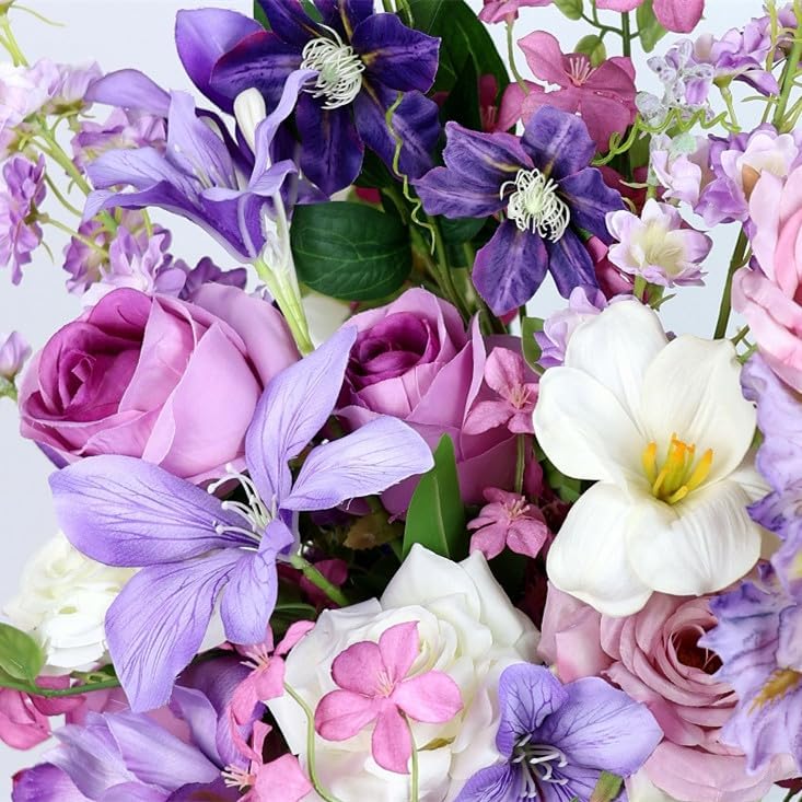 Artificial Flowers Bouquets for Bridal Wedding Home Decor Fake Floral Arrangements for Party Table Centerpieces DIY Silk Flower Set Spring Summer Indoor Outdoor (Combo Purple/White)