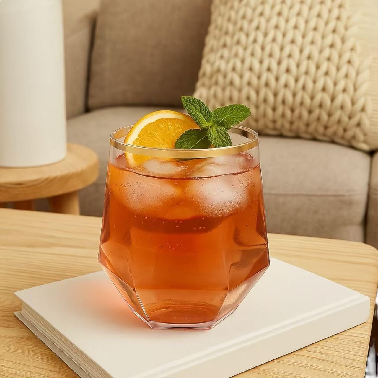 40 count Diamond Unbreakable Stemless Plastic Wine Champagne Whiskey Glasses Elegant Durable Disposable Indoor Outdoor Ideal for Home, Office, Bars, Wedding, 12 Ounce Cups (Diamond Pink Matte Gold)