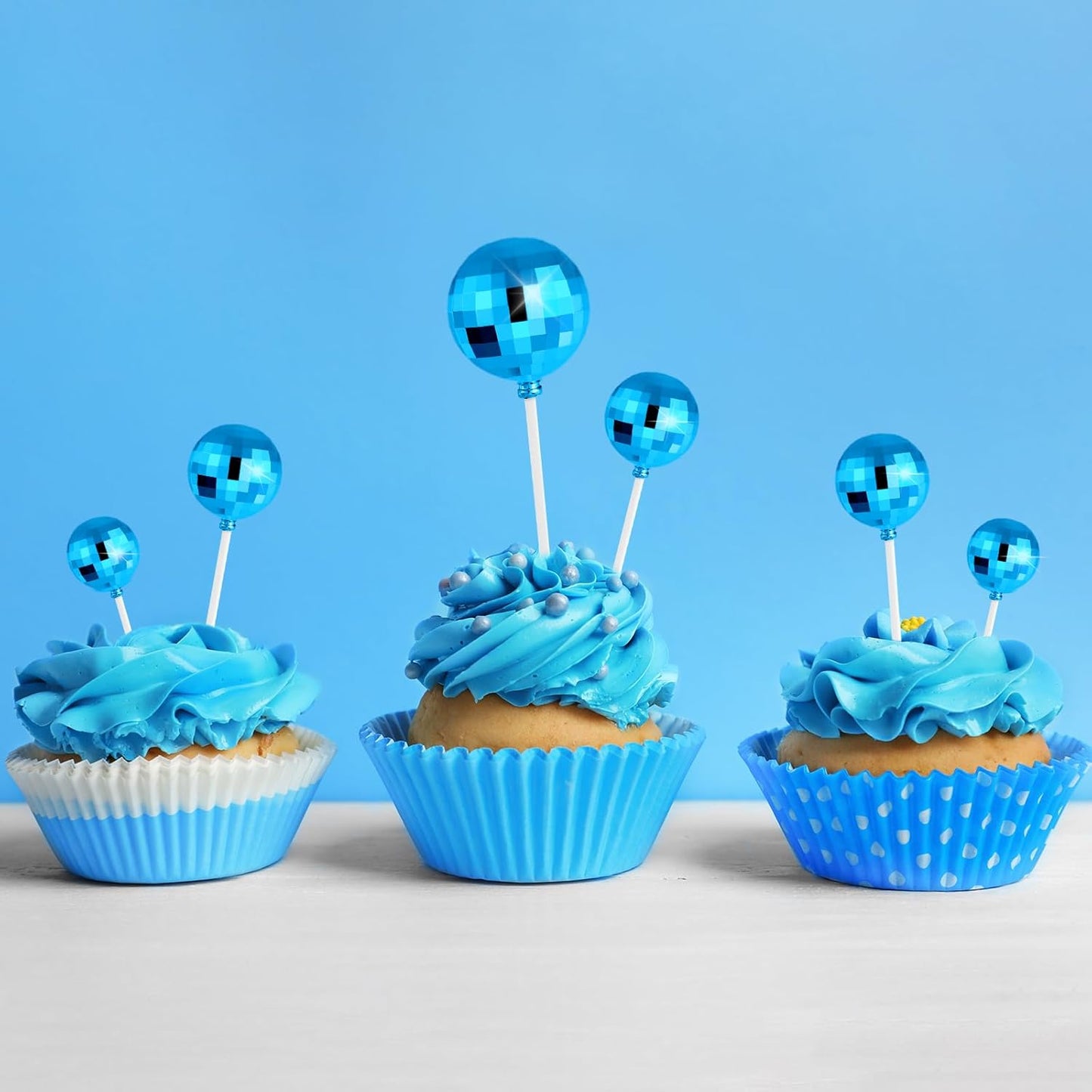 ASTARON 20 Pcs Disco Ball Cake Topper Decorations Sticks Blue Cake Balls Picks Toppers for Birthday Anniversary Disco Retired Theme Party Decorations