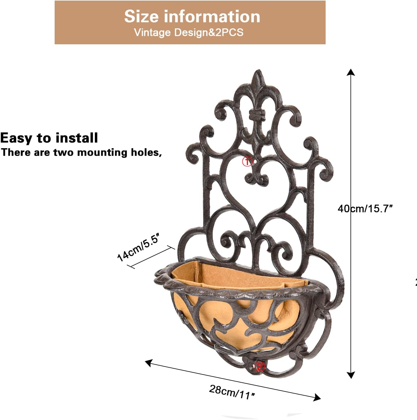 Sungmor 2 Pack Wall Hanging Planter Basket with Fabric Liner, Antique Victoria Style Cast Iron Wall Planter Holder, Outdoor Railing Fence Balcony Metal Hanging Basket Half Round Flower Pots