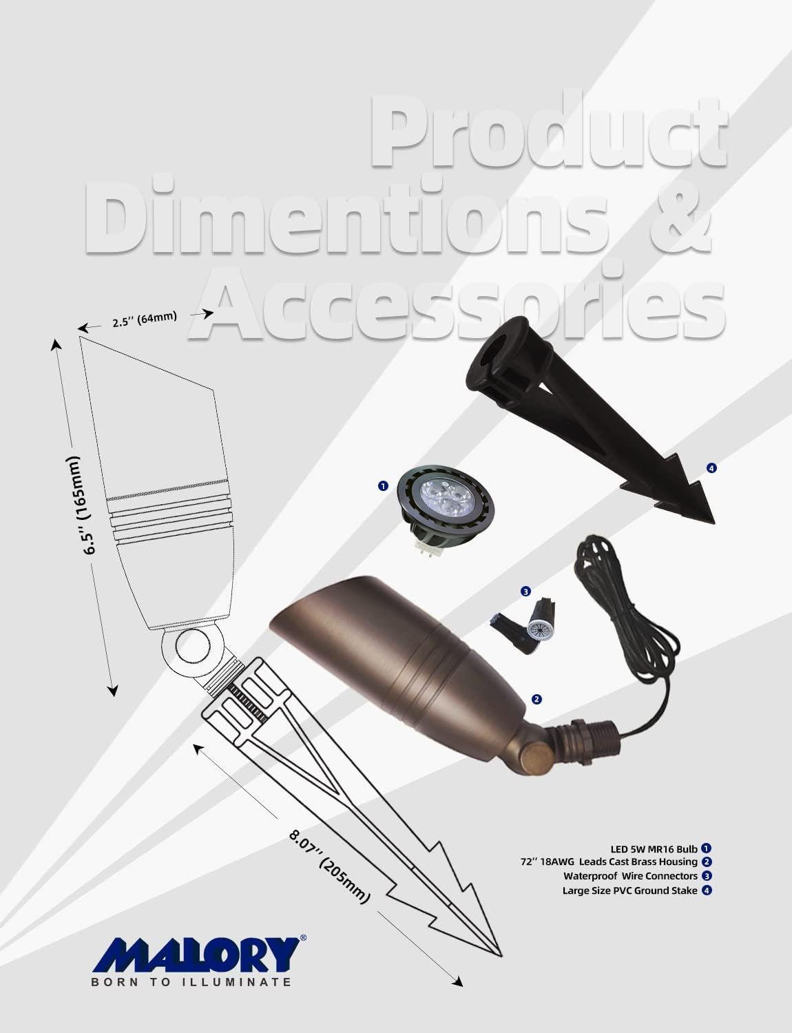 MALORY Brass Landscape Spot Lights 1-Pack Without Bulb(S02), Low Voltage 12V AC/DC Outdoor Spotlights for Yard,Landscape Lighting for Garden and Patio,PVC Ground Stake and Wire Connector Included