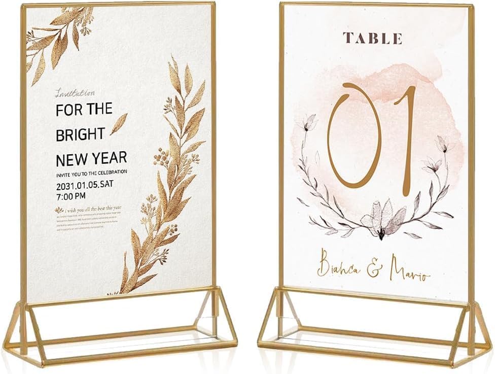 16 Pack Gold Acrylic Sign Holder, 4x6 Inch Picture Frames Wedding Double Sided Display Clear Sign Holders Stand Desktop Table Menu for Wedding Party Restaurant