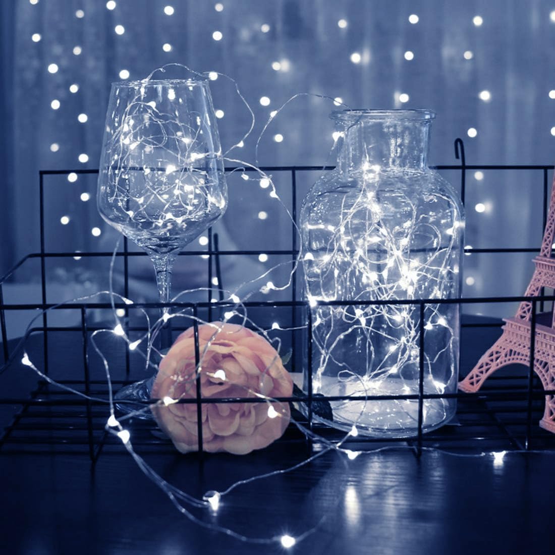 ZGWJ 100 Pack Fairy Lights Battery Operated, 7ft 20 Mini LED Fairy String Lights Silver Wire 4 Modes for DIY, Parties, Wedding, Bedroom, Halloween Christmas Decoration White