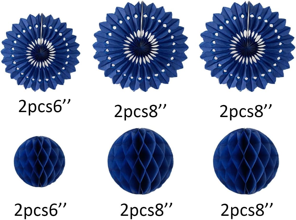 12pcs 6’’ 8’’ Honeycomb Balls Tissue Paper Fans Party Honeycomb Ball Fans Wall Tissue Pom Poms Flower Balls Hanging Paper Fans For Party Baby Shower Birthday Wedding Nursery Wall Decor(royal blue kit)