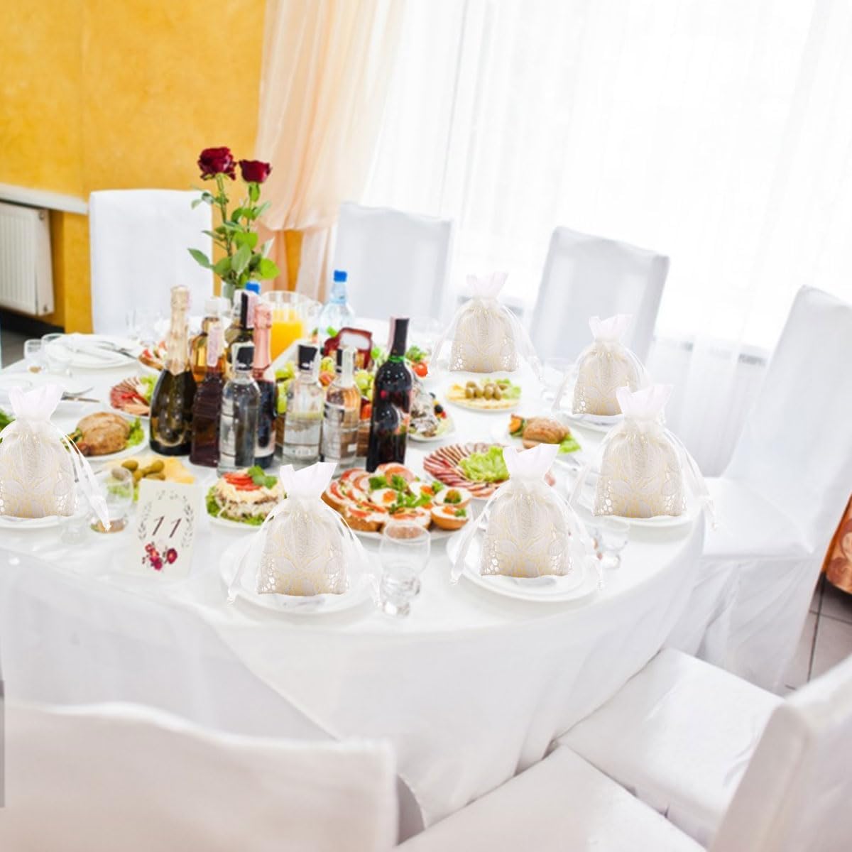 Ewanda store 8Pcs Lace Organza Drawstring Bags White Leaf Cotton Drawstring Bag for Wedding Christmas Birthday Party Favors Jewelry Pouches