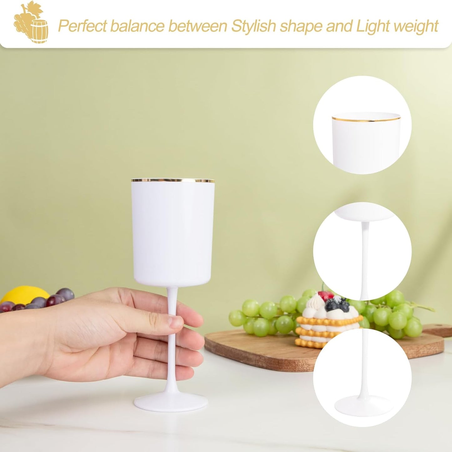 Ciaell 12 Pack White Plastic Wine Glasses with Stem - 10 Oz White and Gold Disposable Wine Glasses for Parties & Weddings & Poolside & Toasting & Outdoors & Graduation