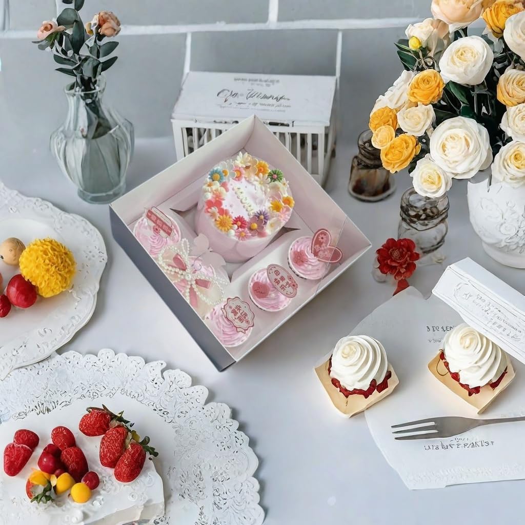 Bento Cake and Cupcake Box 2-in-1 4-inch Cake and 5 Cupcakes Box 5 Sets with One Wide Roll of Ribbon for Family Dinner Birthday Party Picnic Gift (faskdfh)