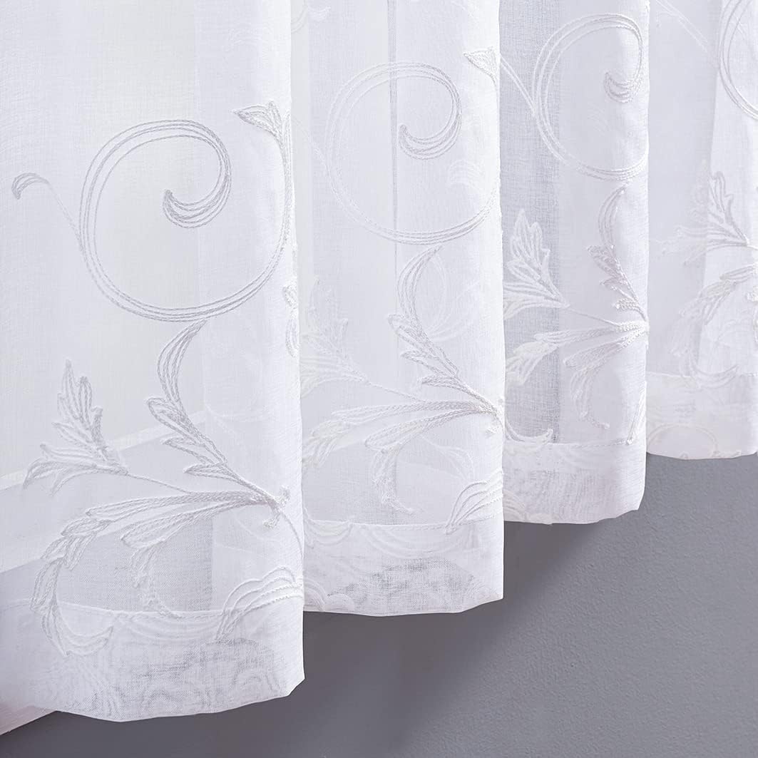 Floral Embroidery Sheer Curtains White 45 Inch Length, Vintage Rod Pocket Voile Drapes for Living room, Bedroom, Window Treatments Semi Crinkle Curtain Panels for Villa, Parlor, Set of 2, 52"x 45".