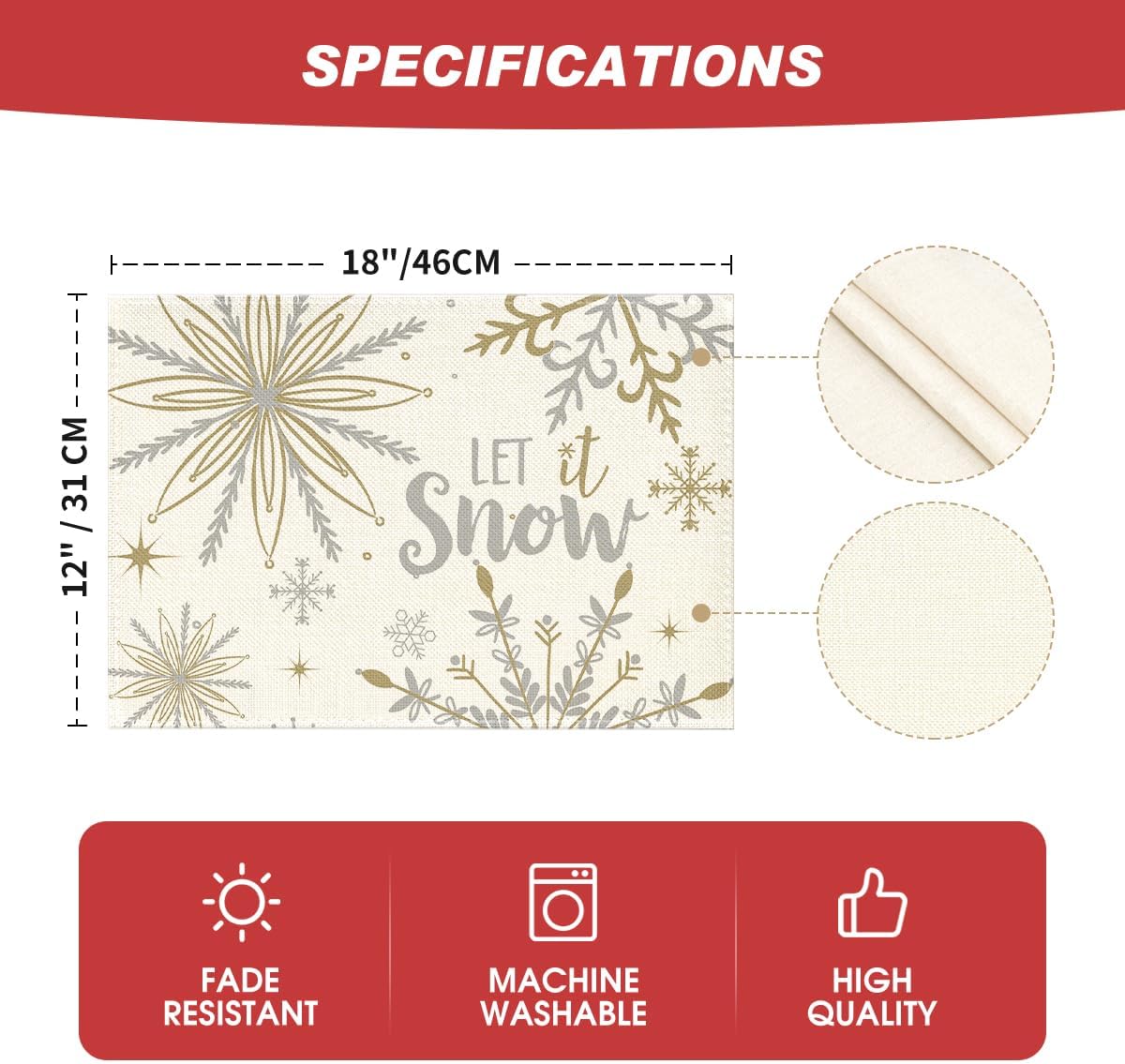 Artoid Mode Beige Snowflake Let It Snow Winter Placemats Set of 4, 12x18 Inch Seasonal Christmas Table Mats for Party Kitchen Dining Decoration