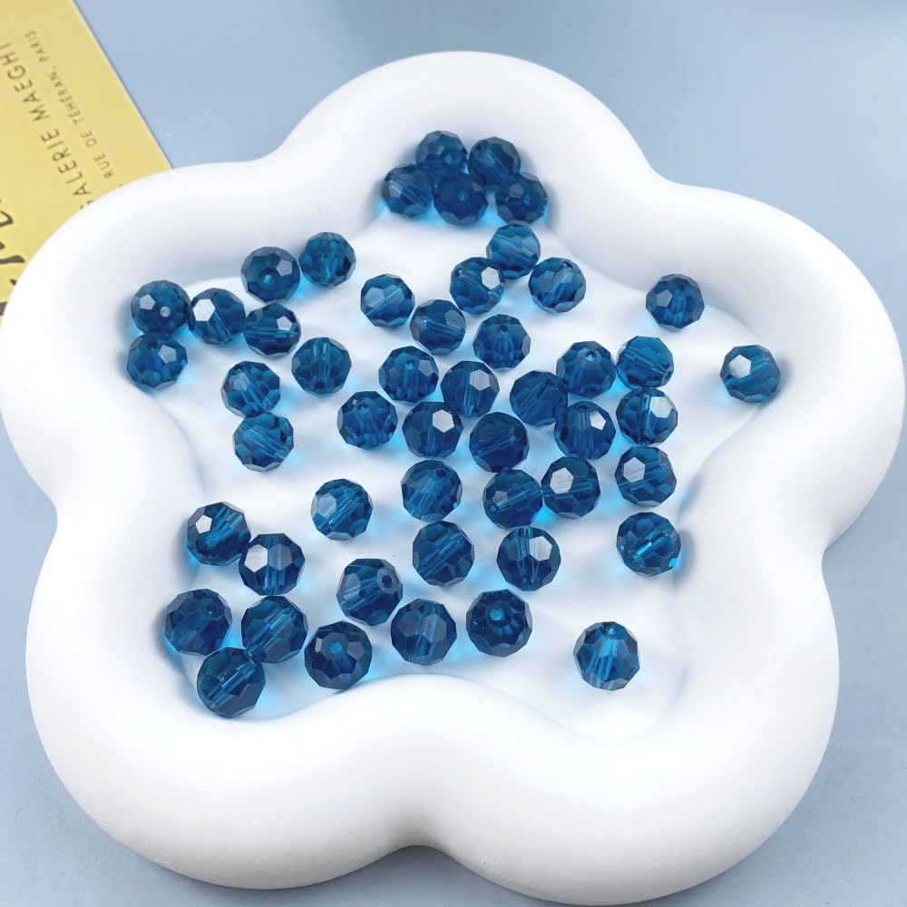 50 PCS 10mm Crystal Glass Beads Round Multiple Faceted Loose Spacer Glass Beads for DIY Handcrafte Bracelet Necklace Earring Jewelry Making(Peacoca Blue)