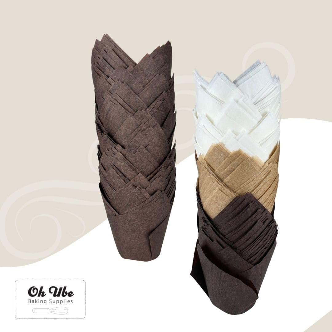 150-Pack Nordic Paper Brown Tulip Muffin Liners for Baking - Odorless, Non toxic Cup, Grease-Resistant Cupcake Wrappers for All Occasions - Perfect for Weddings, Birthdays, Showers! (Brown)