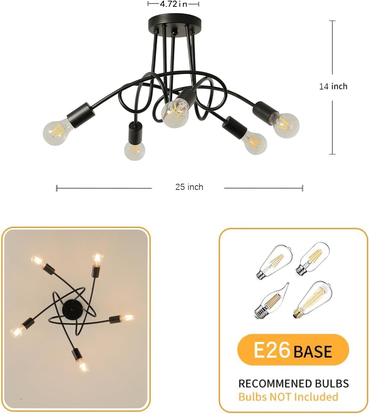 Modern Farmhouse Chandelier,25 Inch Black Metal Spiral Rustic Vintage Semi Flush Mounted Ceiling Light Fixture for Dining Room Bedroom Kitchen Island Hallway Foyer Entryway(5-Light)