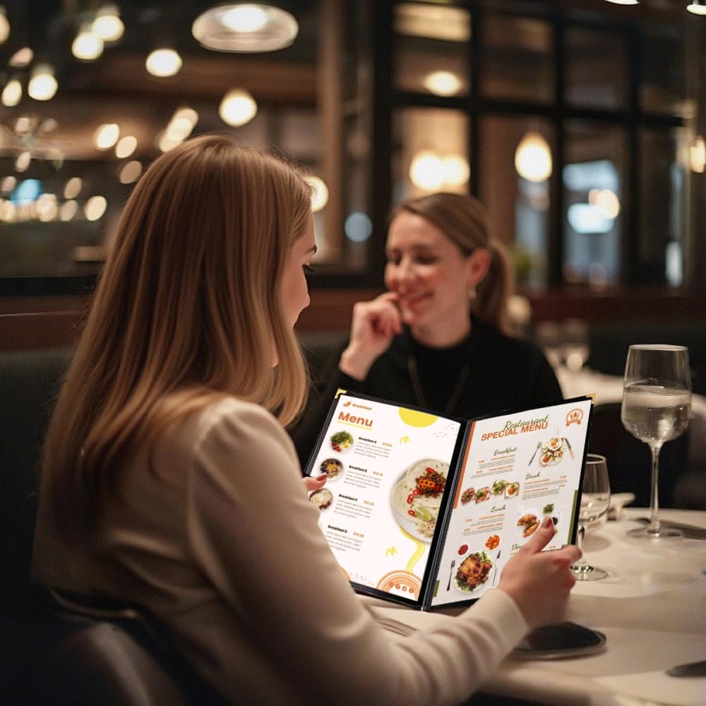 Goodsmart Restaurant Menu Covers - 25 Pack Black 8.5" x 11", 3-Page/6-View, Side-Loading Vinyl Menu Holders, Clear Sleeves, Double-Stitched Edge, Leather-Style Café Covers with Gold Corners