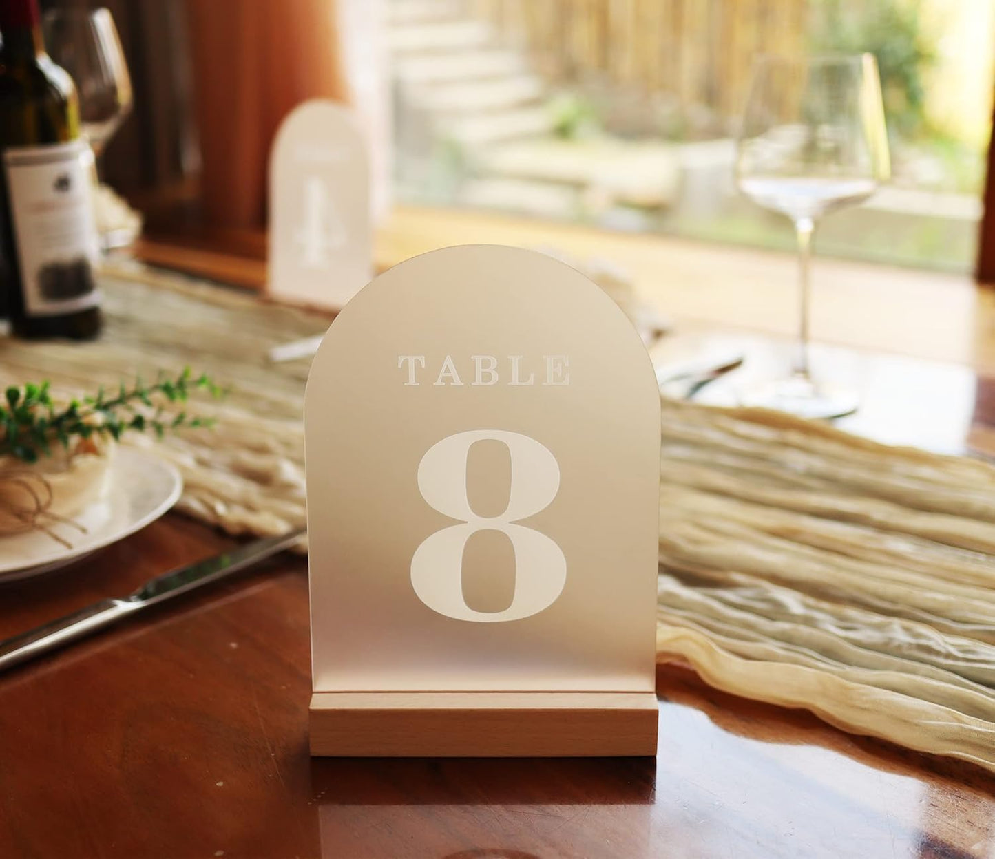 Wedding Table Numbers 21-25, Acrylic Arch Signs with Natural Wood Stands Holders, Rustic Table Decor for Reception & Parties (Frosted White)