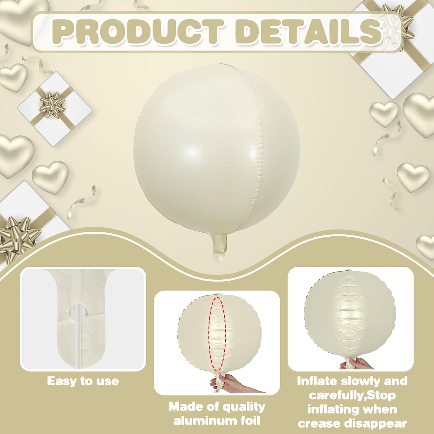 Sand White Brown Round Foil Balloons 6Pcs,Giant 4D Round Ball Balloons,22 Inch Boho Cream Nude Beige Balloon for Birthday Baby Shower Engagement Party Decorations