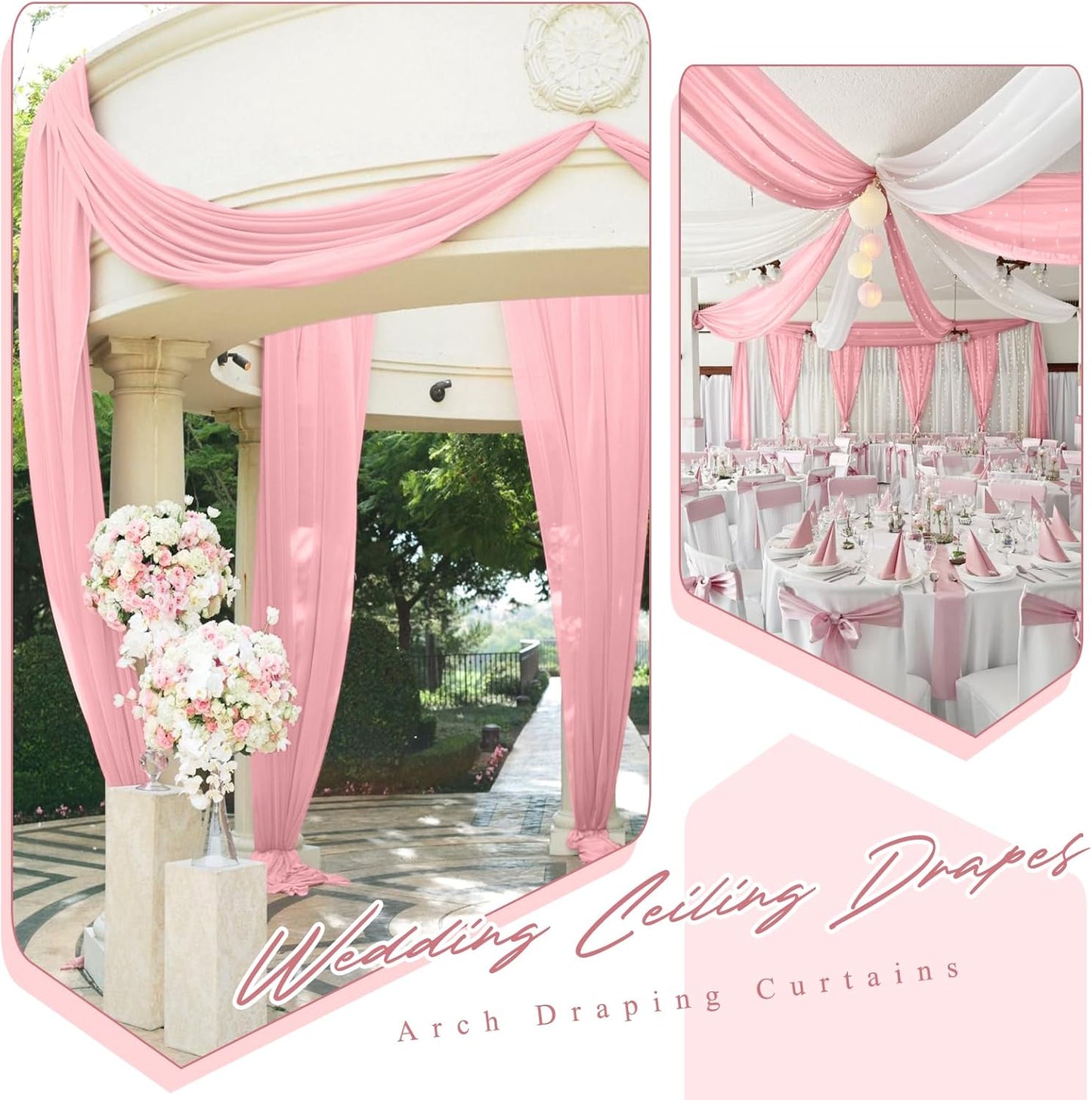 6 Panels Dusty Rose Ceiling Drapes for Wedding 5ftx20ft Chiffon Fabric Arch Draping Curtains Sheer Drapery for Party Ceremony Birthday Baby Shower Reception Stage Swag Ceiling Decorations