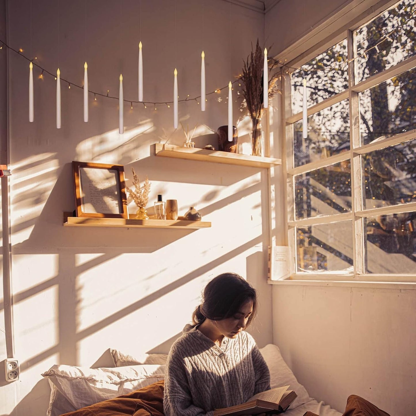 Leejec 10 Pcs of 10.8" Floating Candles with Magic Wand Remote, Halloween Decorations, Indoor Christmas Home Decor, Flickering Warm Light, Battery Operated Flameless Taper LED Electric Window Candle