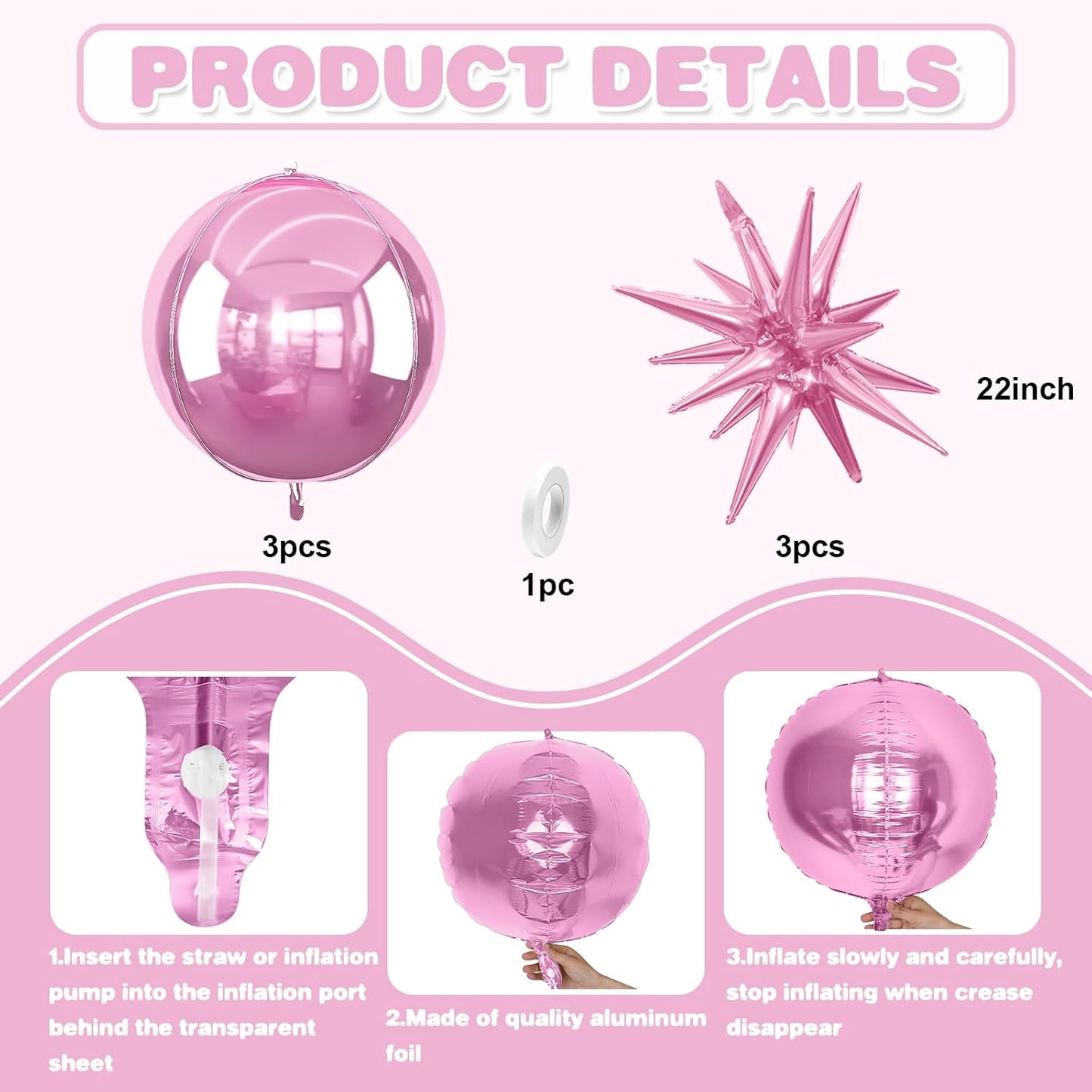 6Pcs Pink Foil Balloons,22Inch Light Pink 4D Round Ball Balloon and Explosion Star Balloon for Birthday Wedding Baby Shower Anniversary Decorations