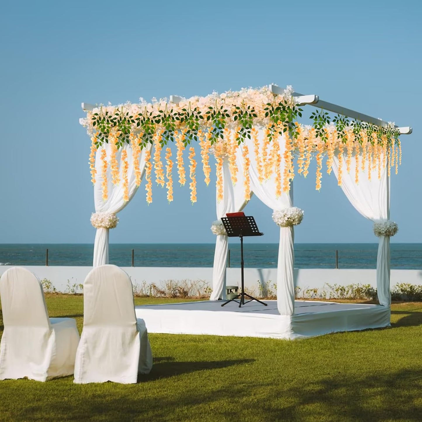 12 Pack Orange Wisteria Hanging Flowers Garland, 3.77 Feet Artificial Flower Vines, Fake Wisteria, Artificial Vines Hanging Garland for Backdrop Outdoor Yard Garden Decor