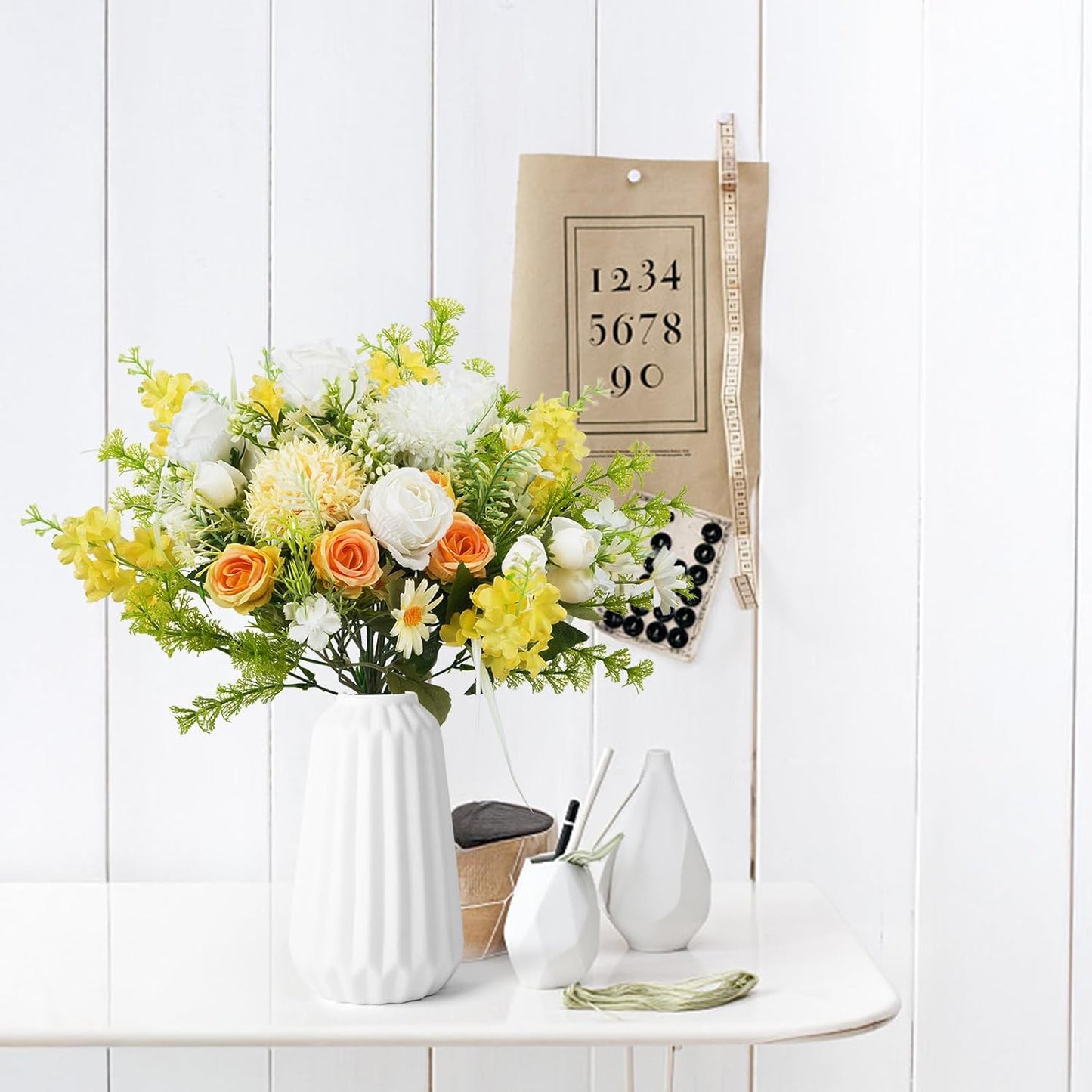 8Pcs Fake Flower Bouquet Artificial Silk Flowers White Yellow Rose Faux Floral Arrangements Picks Summer Flowers for Wedding Home Table Centerpieces Decorations