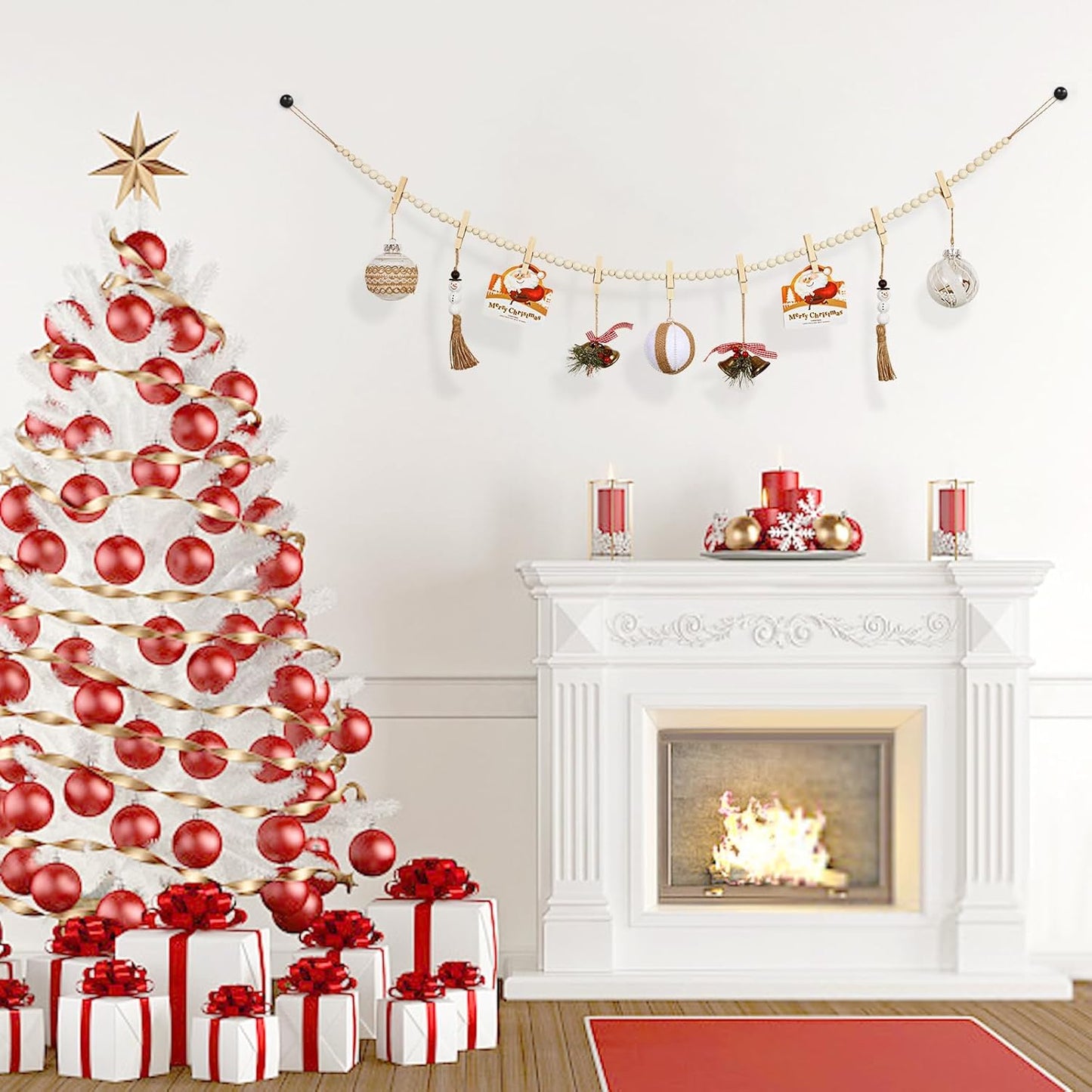 Hanging Photo Display Wall Decor, 2PCS Boho Wooden Bead Garland Collage Picture Frame with 9 Wood Clips for Bedroom, Living Room, Office, Dorm Decor, Photos Holder Teen Girl Gifts