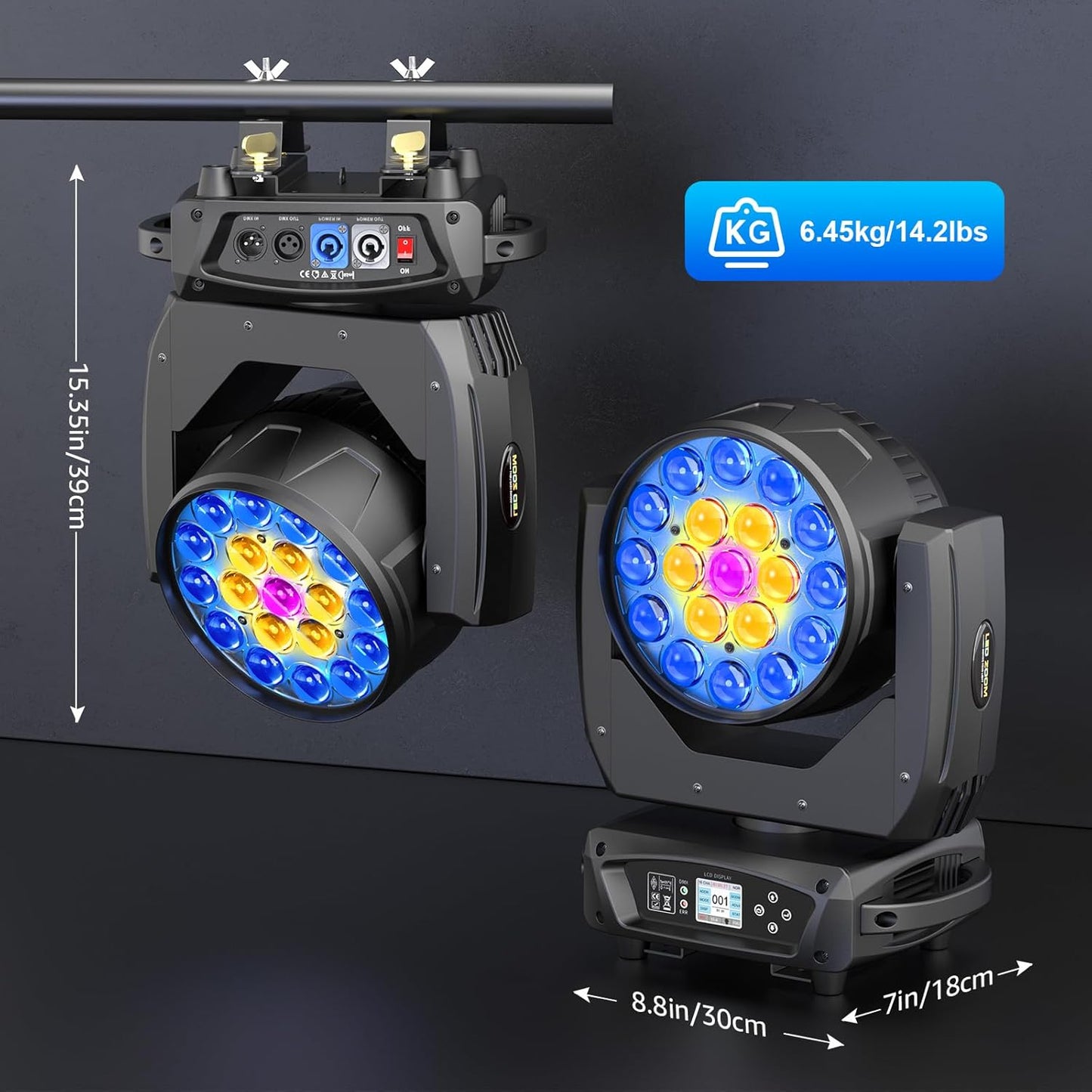 2PCS 19x10W Moving Head Light with Flight Case Focusing/Beam/Wash/Zoom Effect Stage DJ Lights 4-in-1 LED DMX512 & Sound Activated Control for DJ Disco Nightclub KTV Bar Theater Shopping Mall
