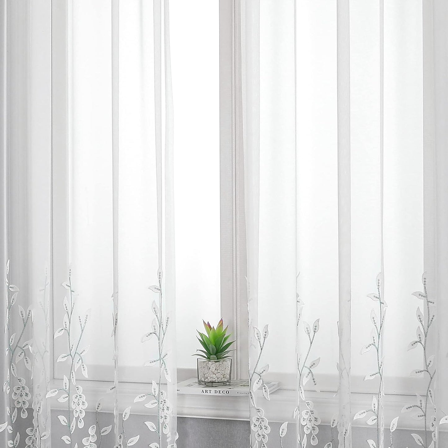 VISIONTEX White Sheer Voile Curtains, Decorative White Embossed Leaves Rod Pocket Window Drapes for Home Kitchen, Living Room and Bedroom 54 x 84 Inch, Set of 2 Curtain Panels