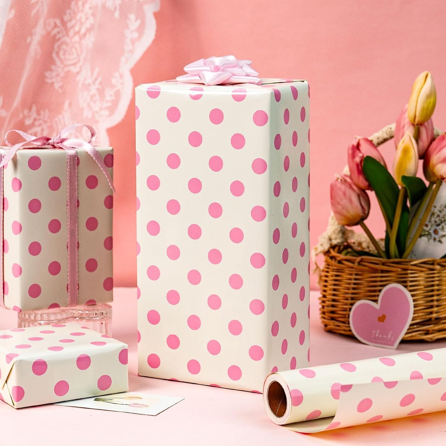 Burymento Pink and Beige Dots Wrapping Paper, Reversible Pink Gift Wrap for Birthday, Valentines, Mothers day, Graduation, Wedding, Fathers day, Baby Shower, Christmas (17in x 32.8ft)