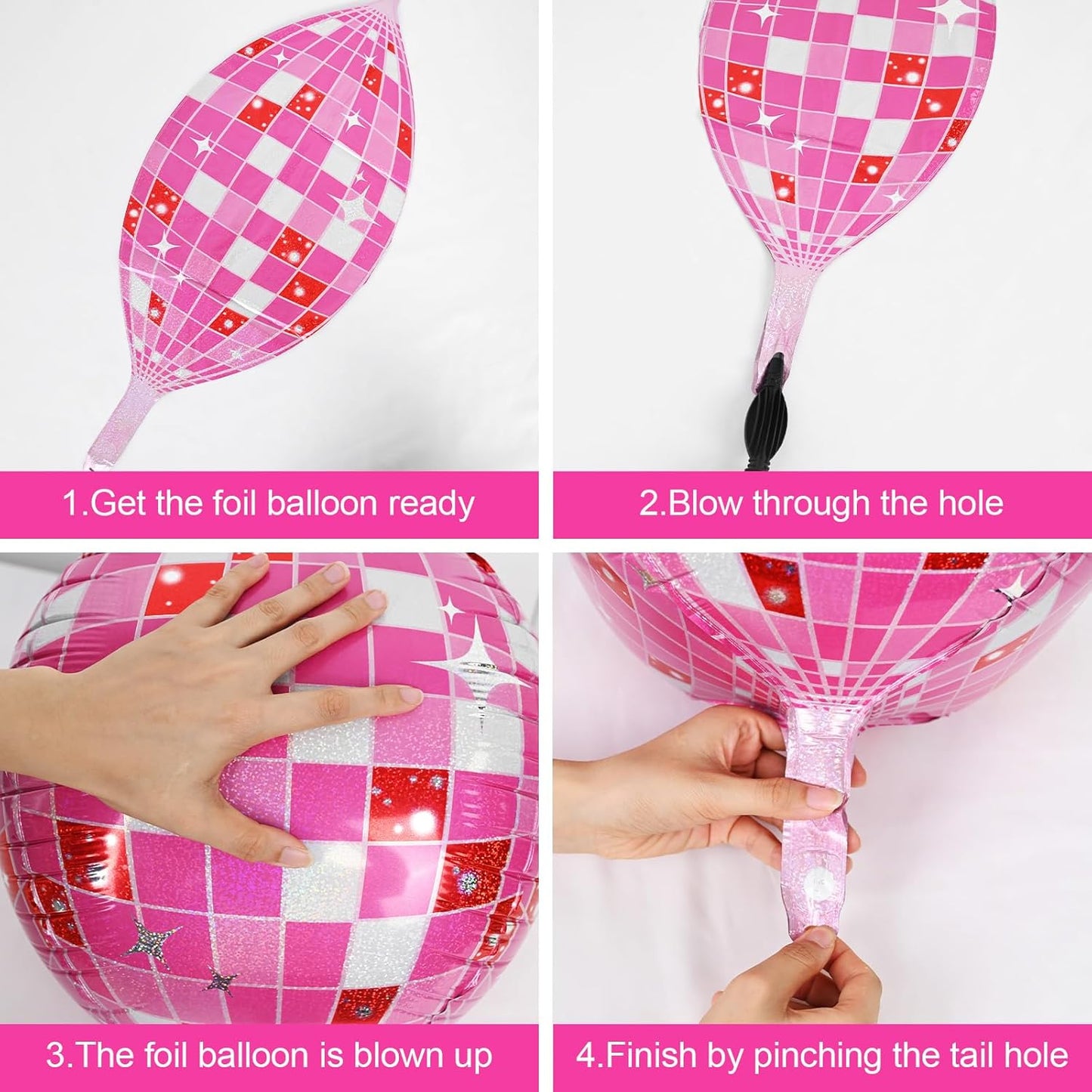 Disco Ball Balloons Pink 4PC,Foil Disco Balloons 22 Inch 4D Round Pink Balloon for 70s 80s Birthday Bachelorette Graduation Decorations