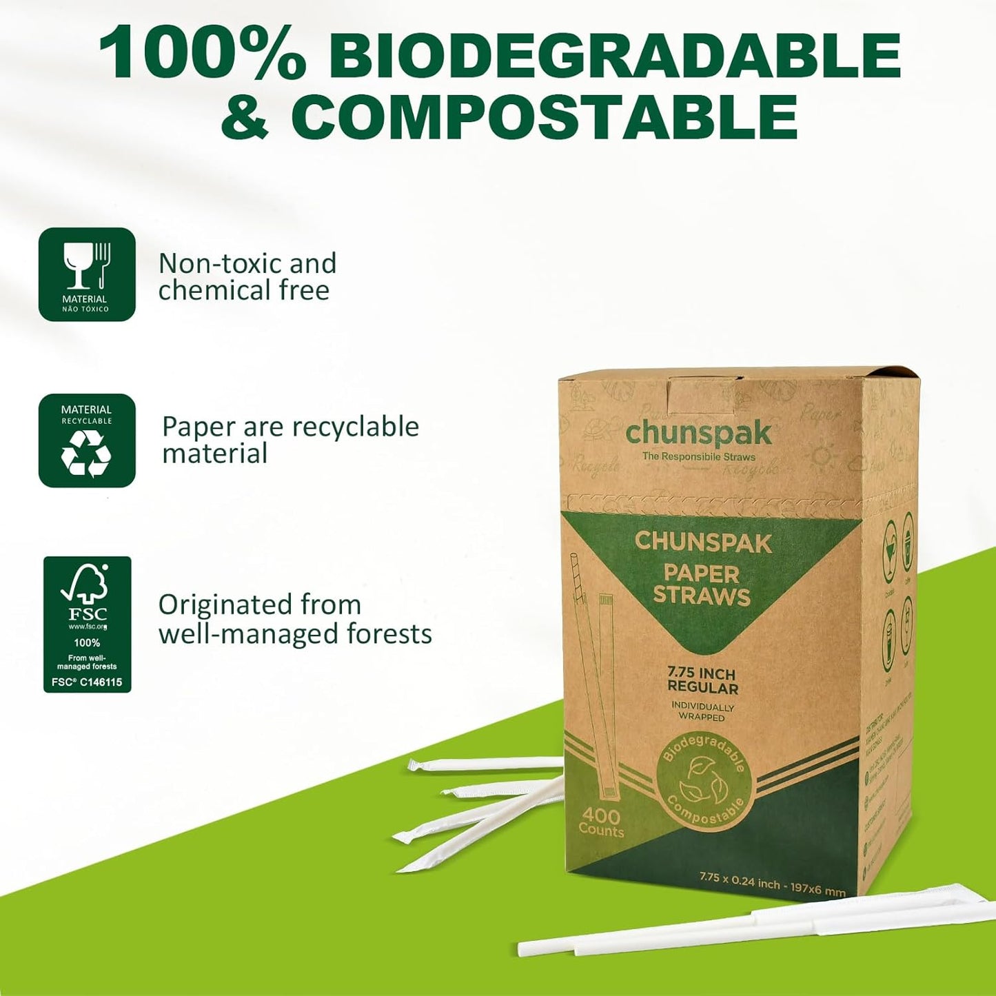 7.75 Inch Disposable Paper Drinking Straws Bulk Individually Wrapped, 0.24" Dia. (Plain White, 400 ct.) - Biodegradable and Compostable