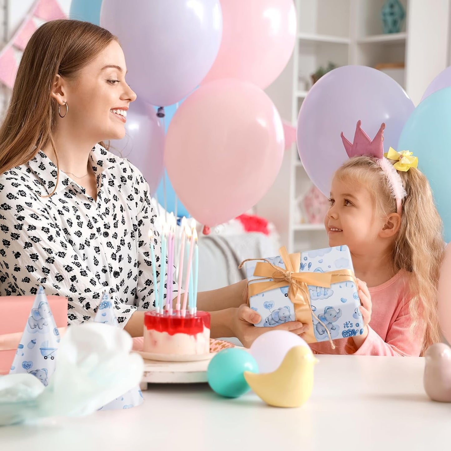 Aimyoo Blue Baby Shower Wrapping Paper Roll - 17 Inch X 16.4 Feet - Cute Elephant with It‘s A Boy Letter Design Perfect for Boys, Birthday, Party