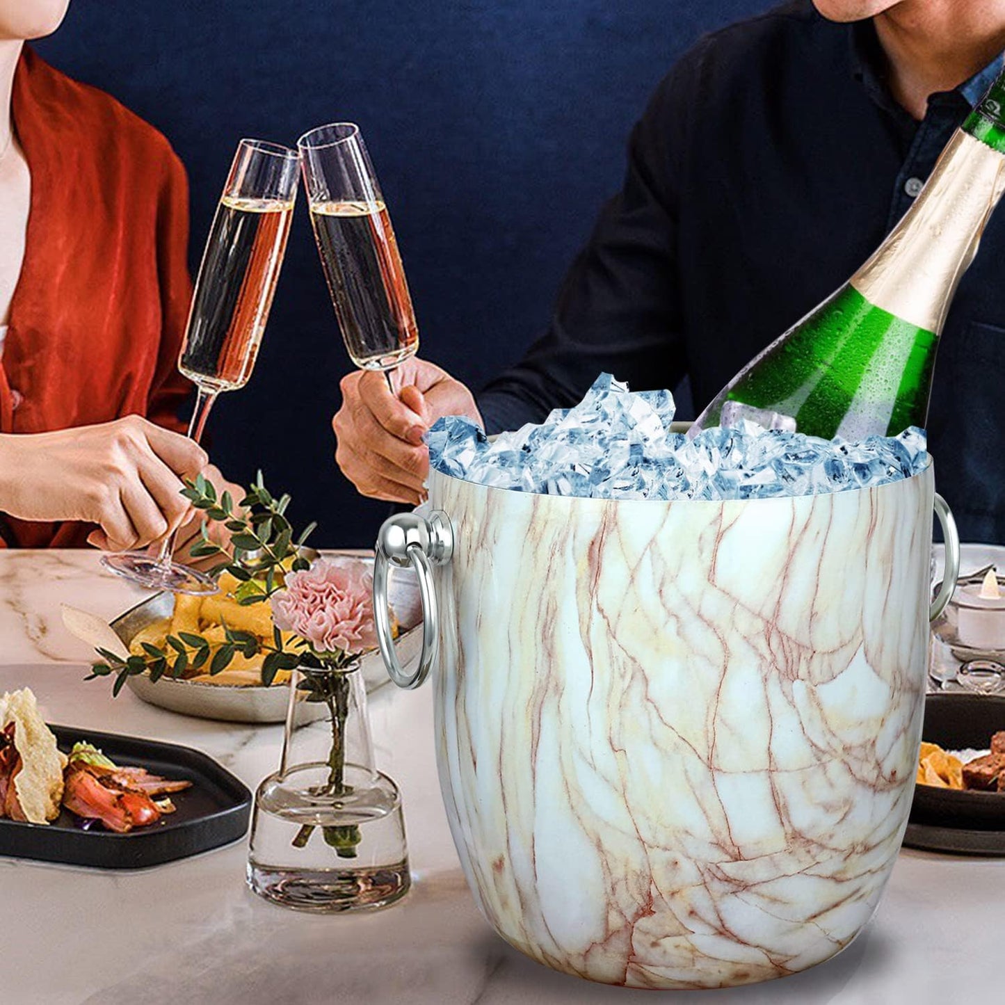 Ice Bucket with Lid, Scoop, Tongs and Strainer - Well Made Insulated Stainless Steel Keep Ice Frozen Longer - Ideal for Cocktail Bar, Parties, Chilling Wine, Champagne - 3 Liter (CarraraMarble)