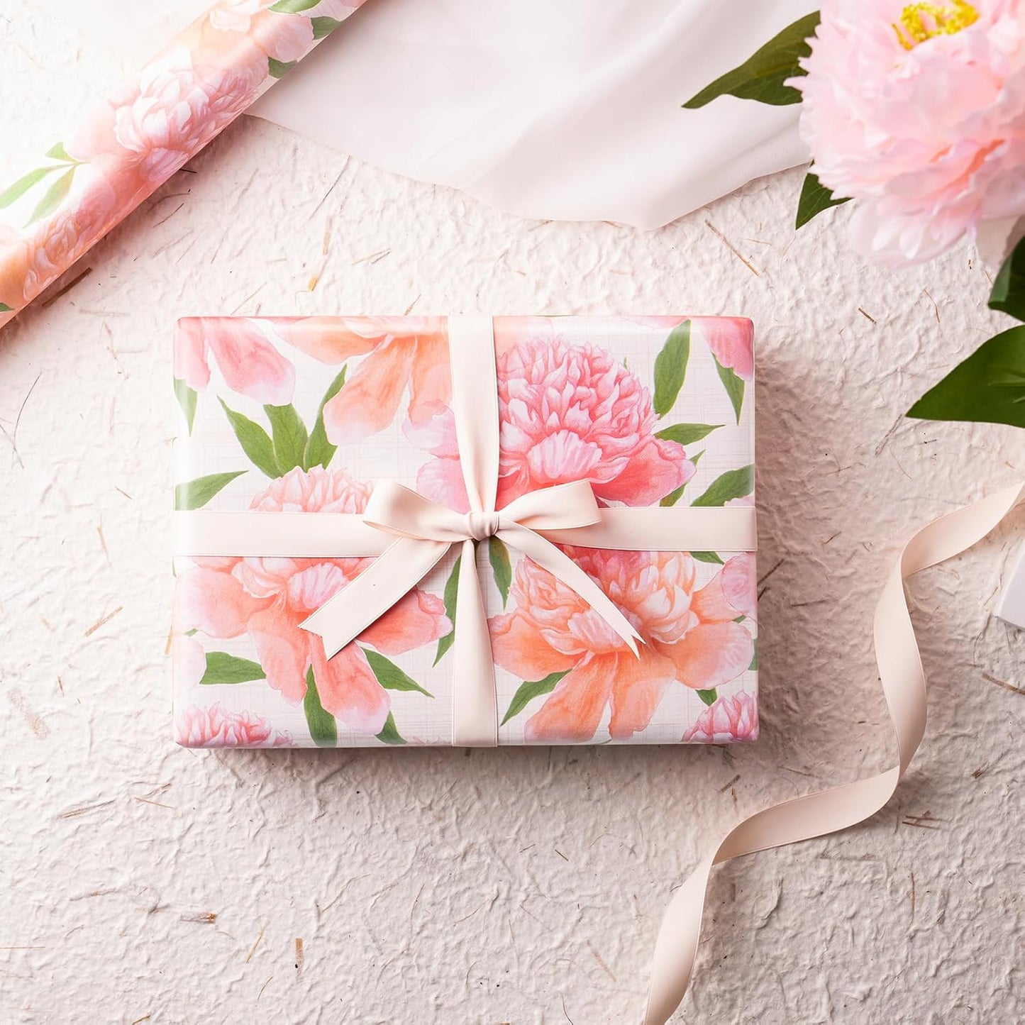 WRAPAHOLIC Floral Wrapping Paper Roll - Mini Roll - 17 Inch x 33 Feet - Peach Flower Wrapping Paper, Perfect for Girls Women Birthday, Wedding, Bridal Shower