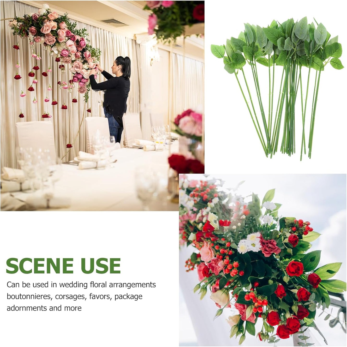 Veemoon 30pcs Floral Wire Stem with Leaves Artificial Plastic Rose Floral Wire Stems DIY Craft Bouquet Making Floral Arrangement Tools for Wedding Bouquet Centerpiece Home Decor