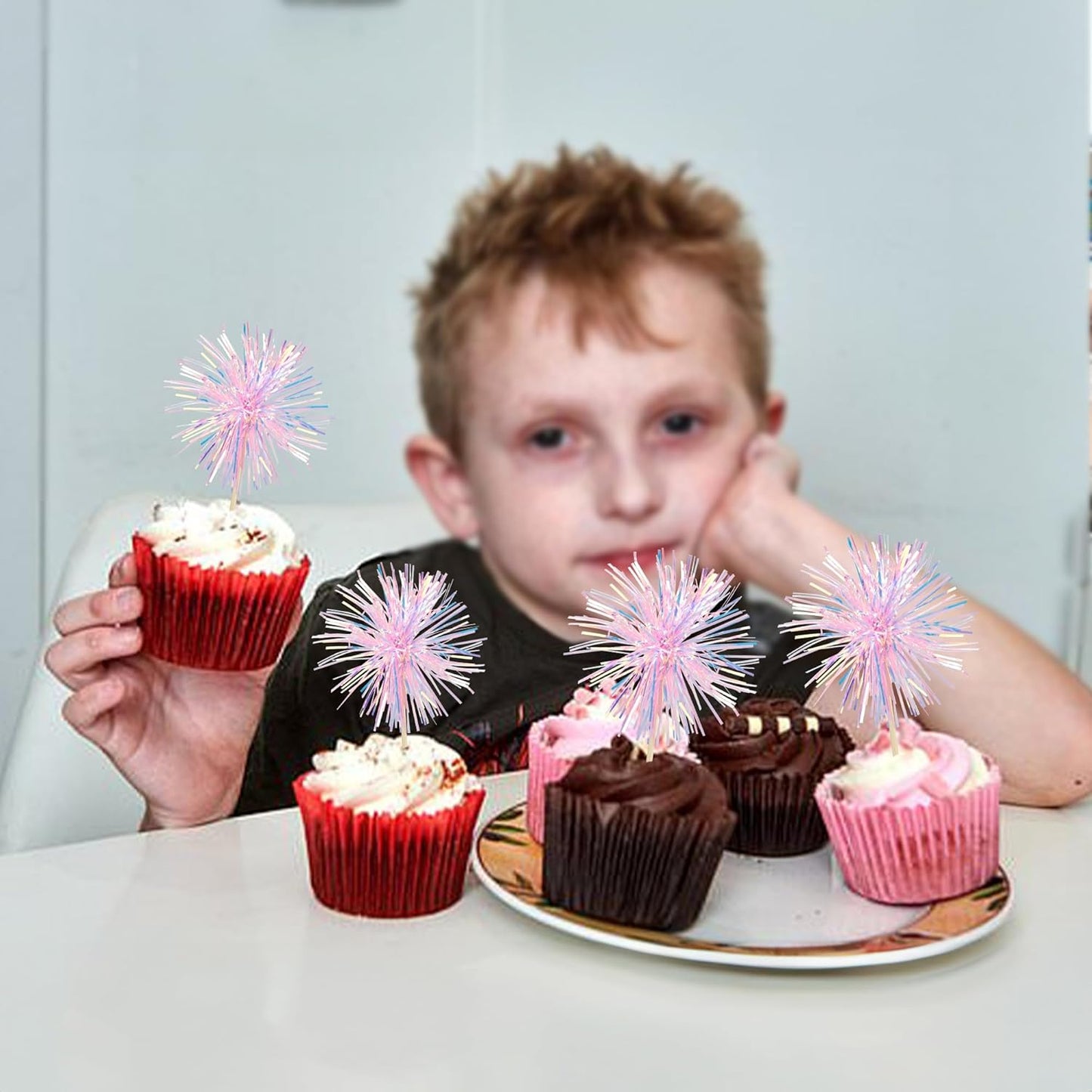 Gyufise 30Pcs Foil Firework Cupcake Toppers Sparkle Tinsel Cake Toppers Tinsel Drink Cake Decoration Cocktail Picks for Birthday Wedding Graduation Party Supplies Laser Pink