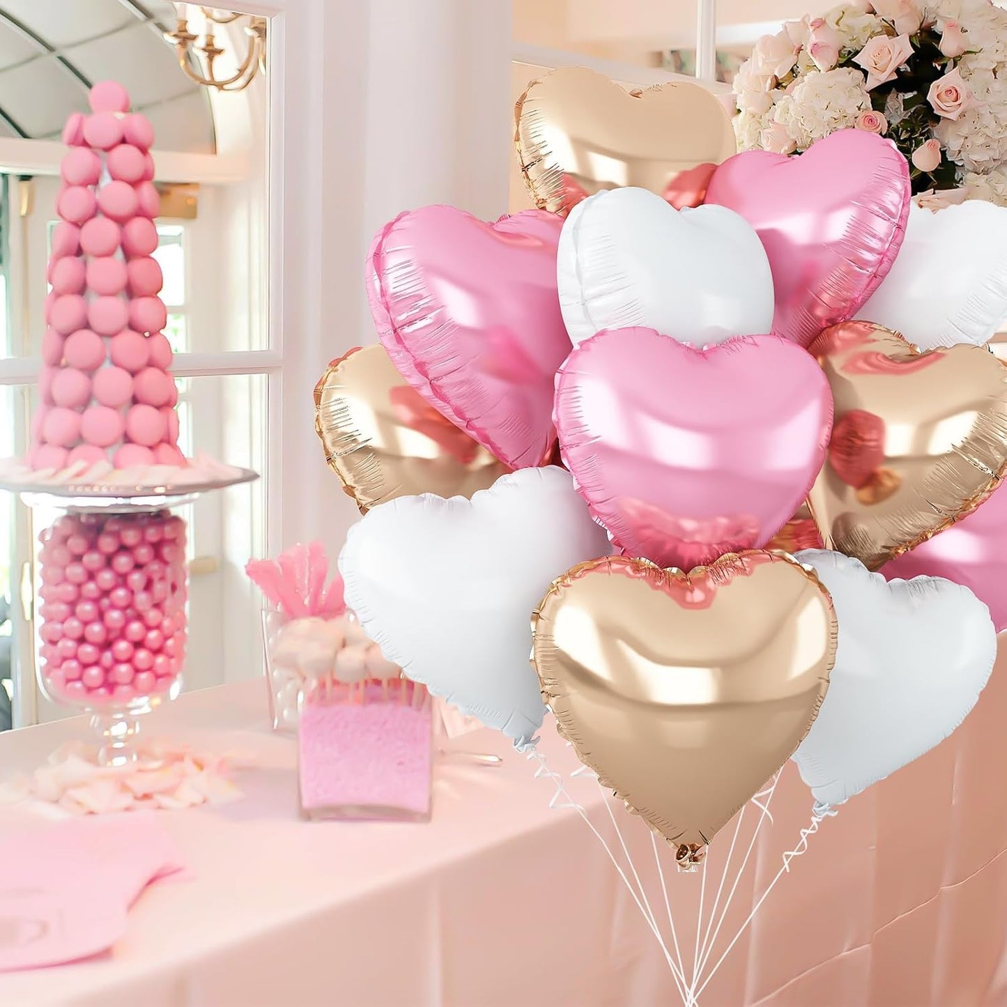 Pink White Heart Balloons,12Pcs Rose Gold Heart Shaped Foil Balloons,18Inch White Rose Gold Helium Polyester Film Balloon for Valentine's Day Birthday Engagement Wedding Party Decorations