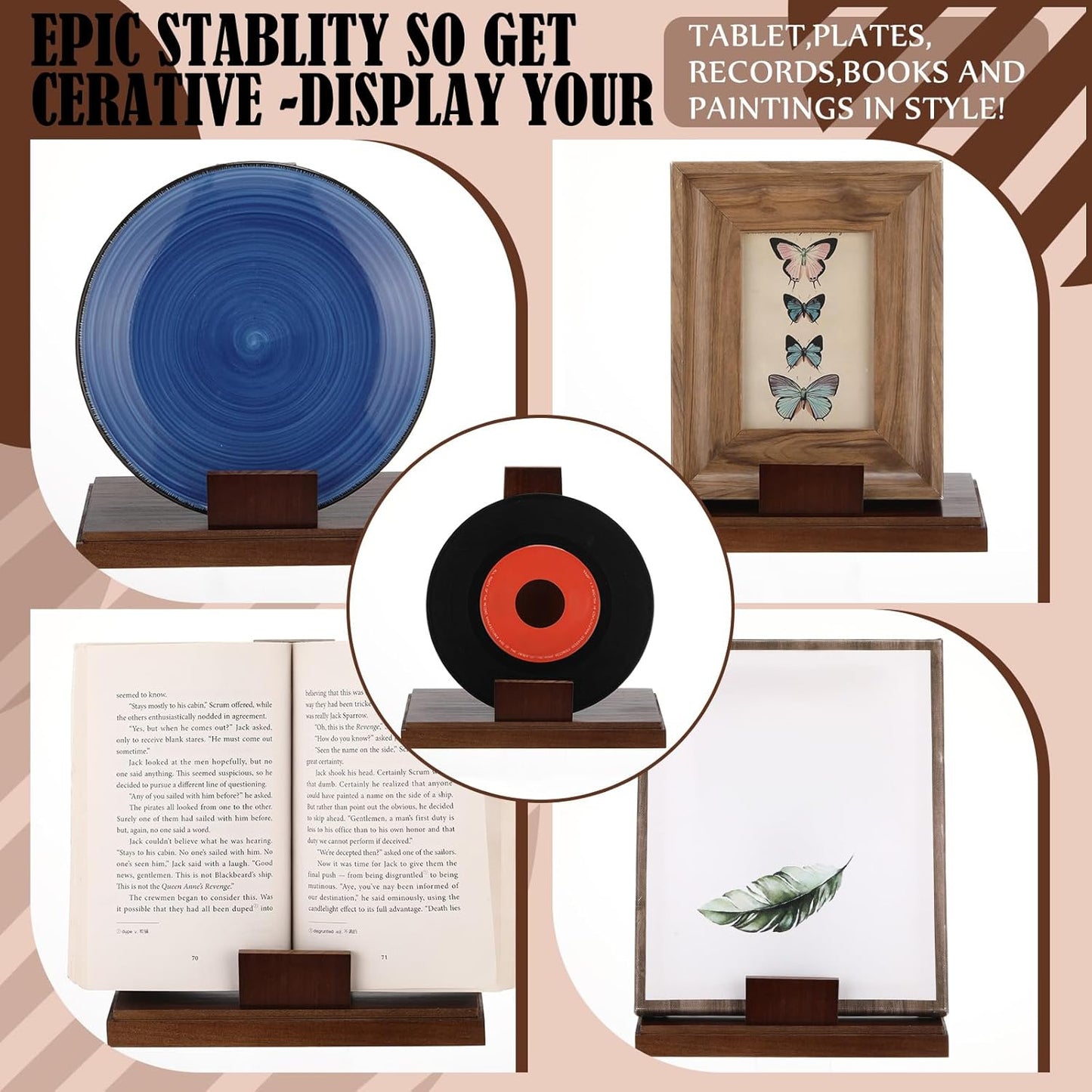 Weysat 6 Inch Wooden Stand for Display Plate Postcard Picture Book Display Stand with Square Block Base Picture Frame Easel for Home Office Decorative