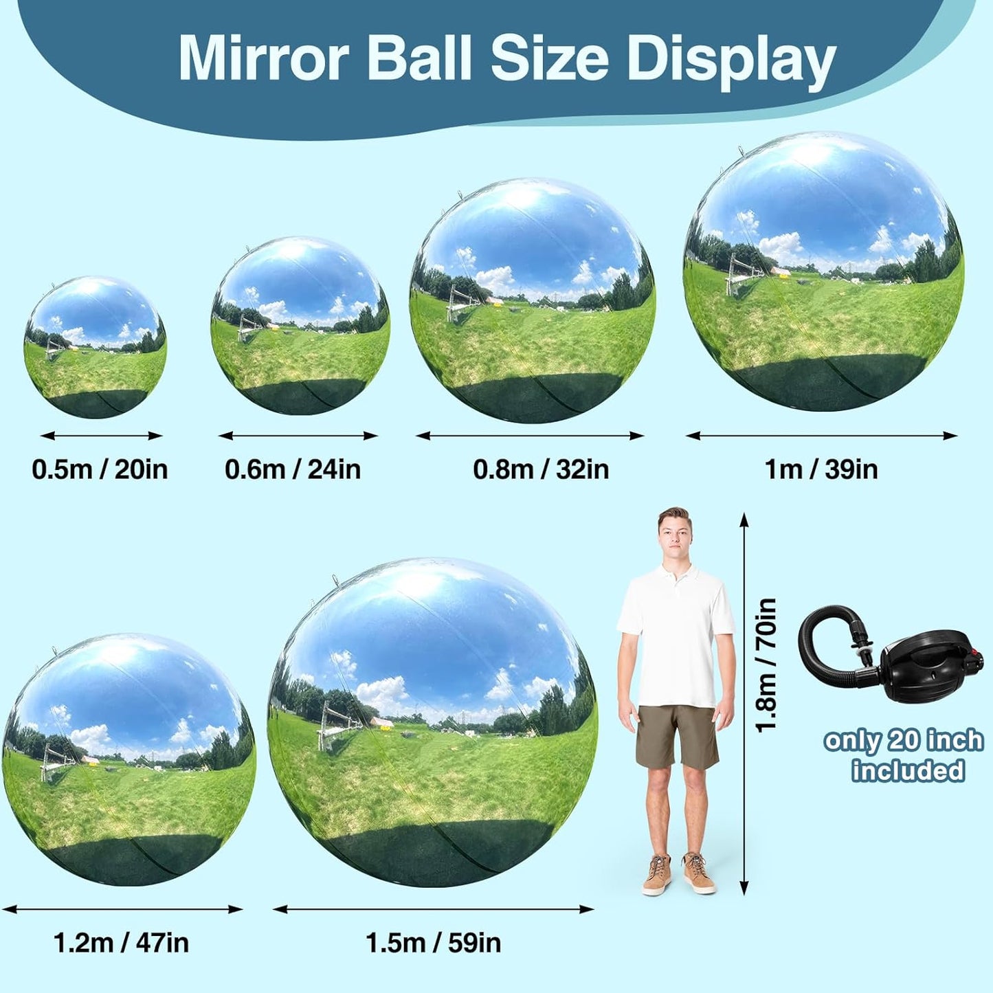 Inflatable Mirror Ball, Silver Big Shinny Balls Reusable Large PVC Disco Ball Balloon for Large Event Decoration, Party, Wedding Decor, Concerts, Stage (1 Pcs, 0.8m/31.5in Without Air Pump)