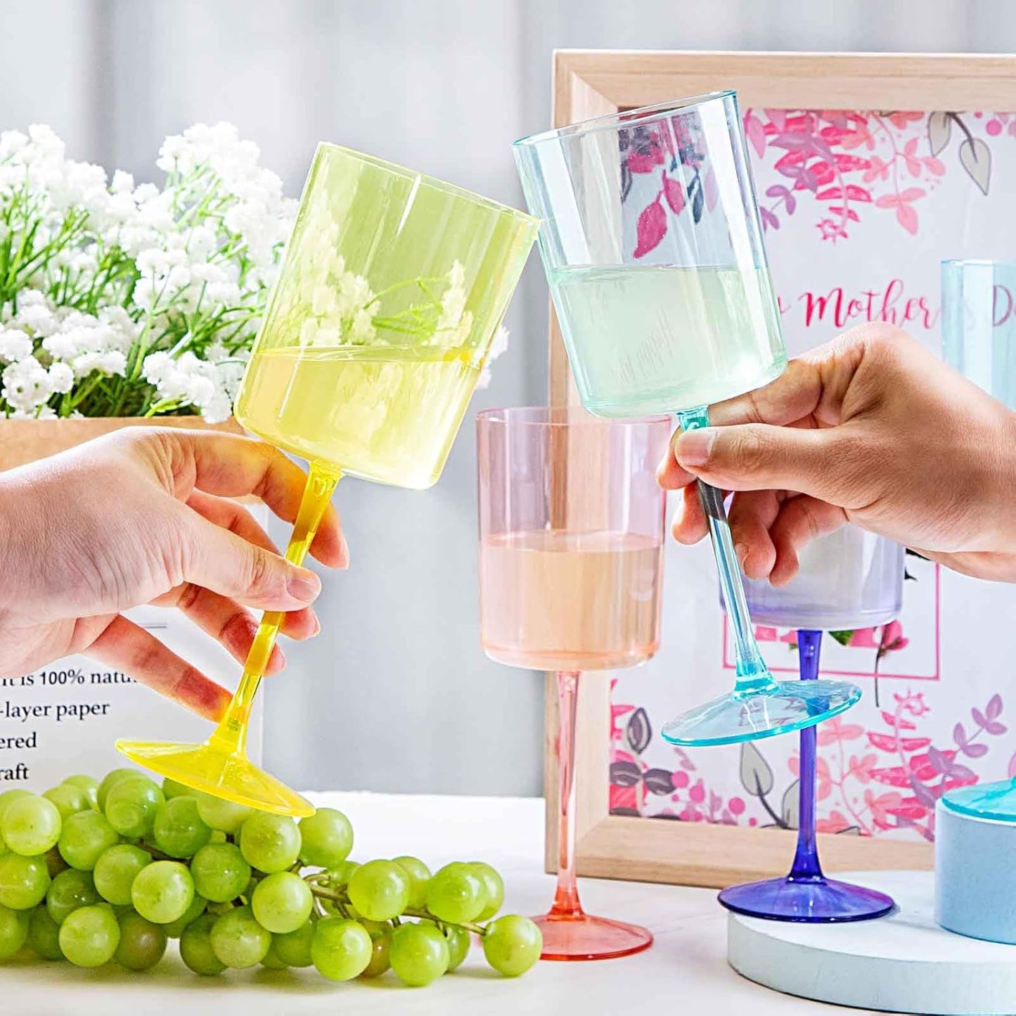 Ciaell 4 Pack Plastic Wine Glasses - 10 Oz Plastic Wine Glasses with Stem - Disposable Wine Glasses Perfect for Parties & Weddings & Poolside & Outdoors & Camping(Pink Green Purple Yellow)