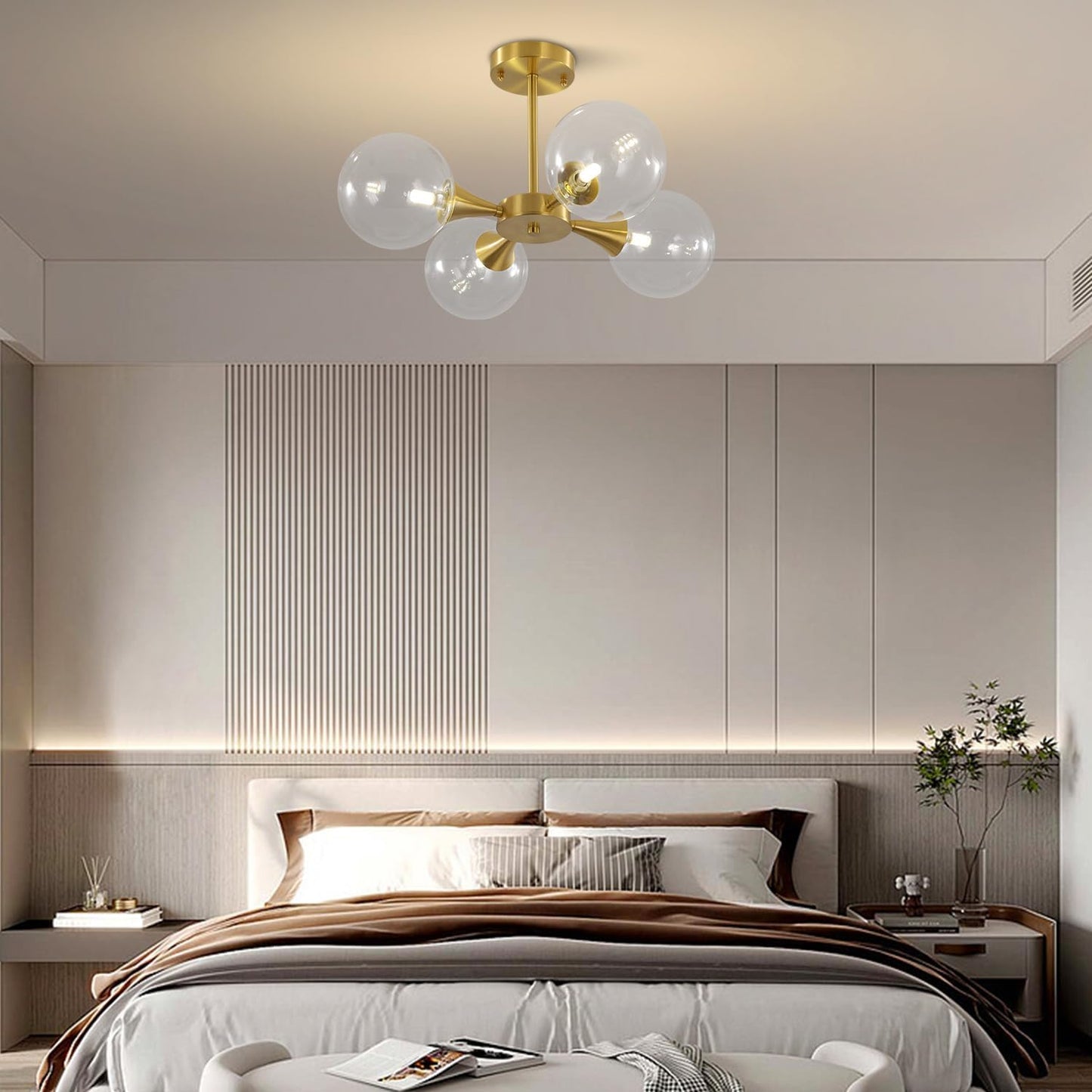 KCO Lighting 4-Lights Modern Globe Semi Flush Mount Ceiling Light Mid Century Brushed Brass Schoolhouse Close to Ceiling Light Gold Clear Glass Bubble Sputnik Chandelier Light Fixture