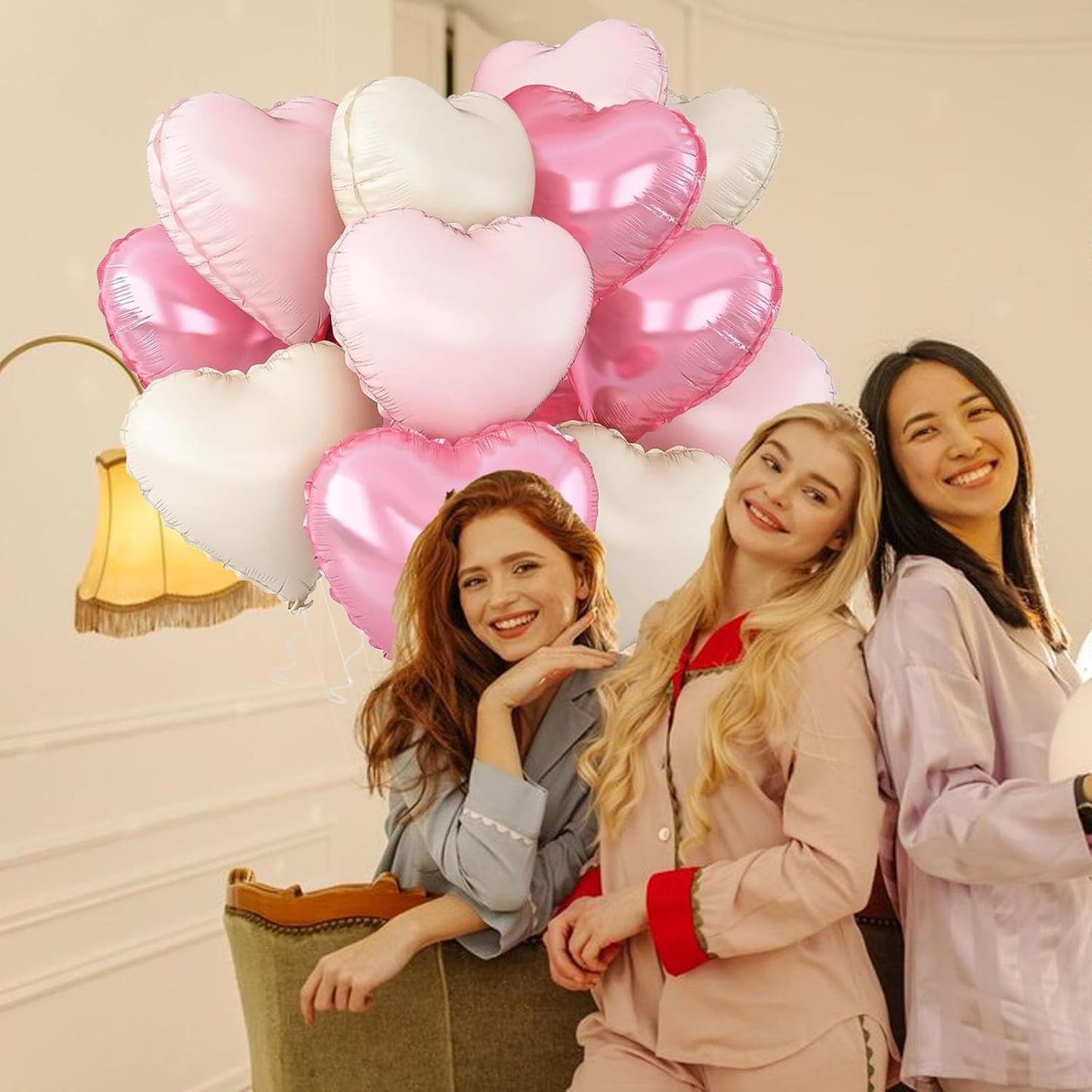 12Pcs Pink White Heart Balloons 18Inch Baby Pink Cream White Heart Shaped Foil Balloons for Birthday Valentines Day Bridal Engagement Wedding Anniversary Baby Shower Party Decorations
