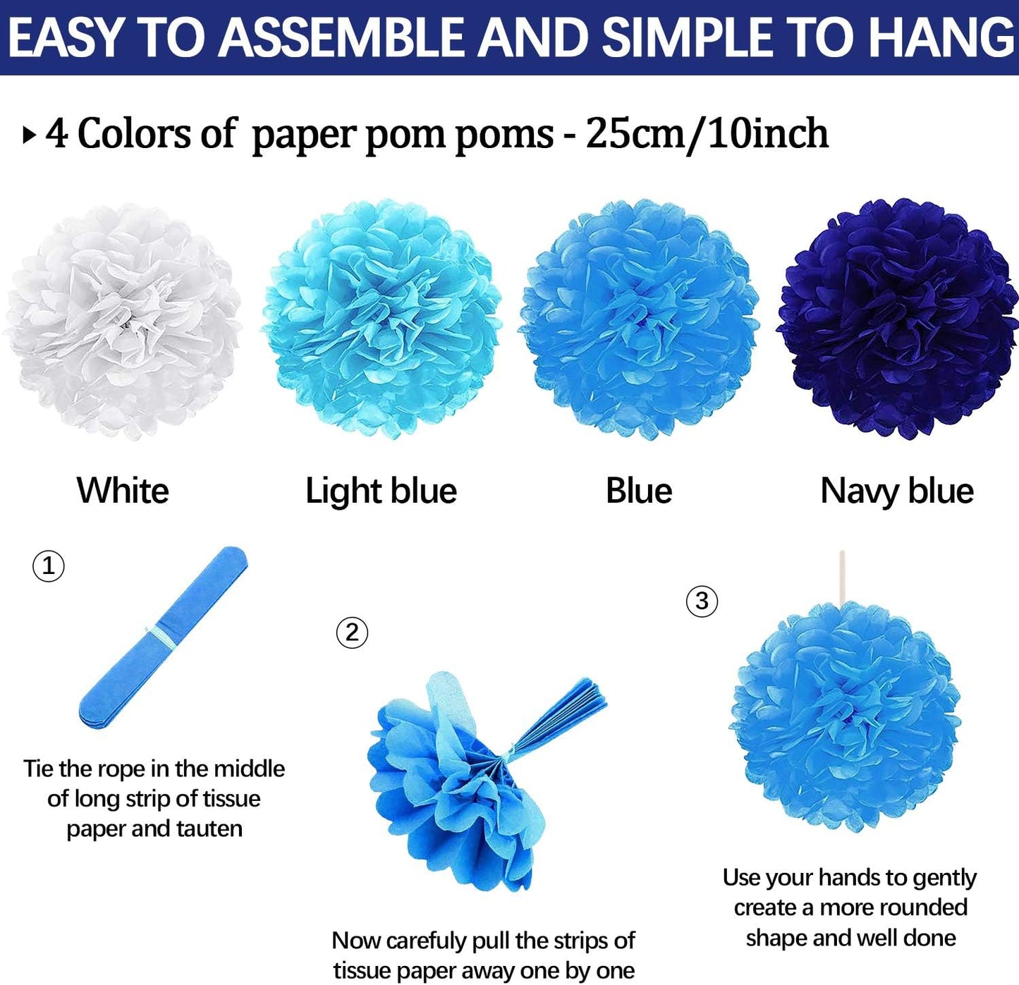 Navy-Light Blue Party Decorations, 23Pcs Hanging Paper Fans Party Decorations with Honeycomb Ball, Pom Poms Flowers for Boy Men Birthday Decoration, Bridal Shower,Baby Boy Showers,Wedding