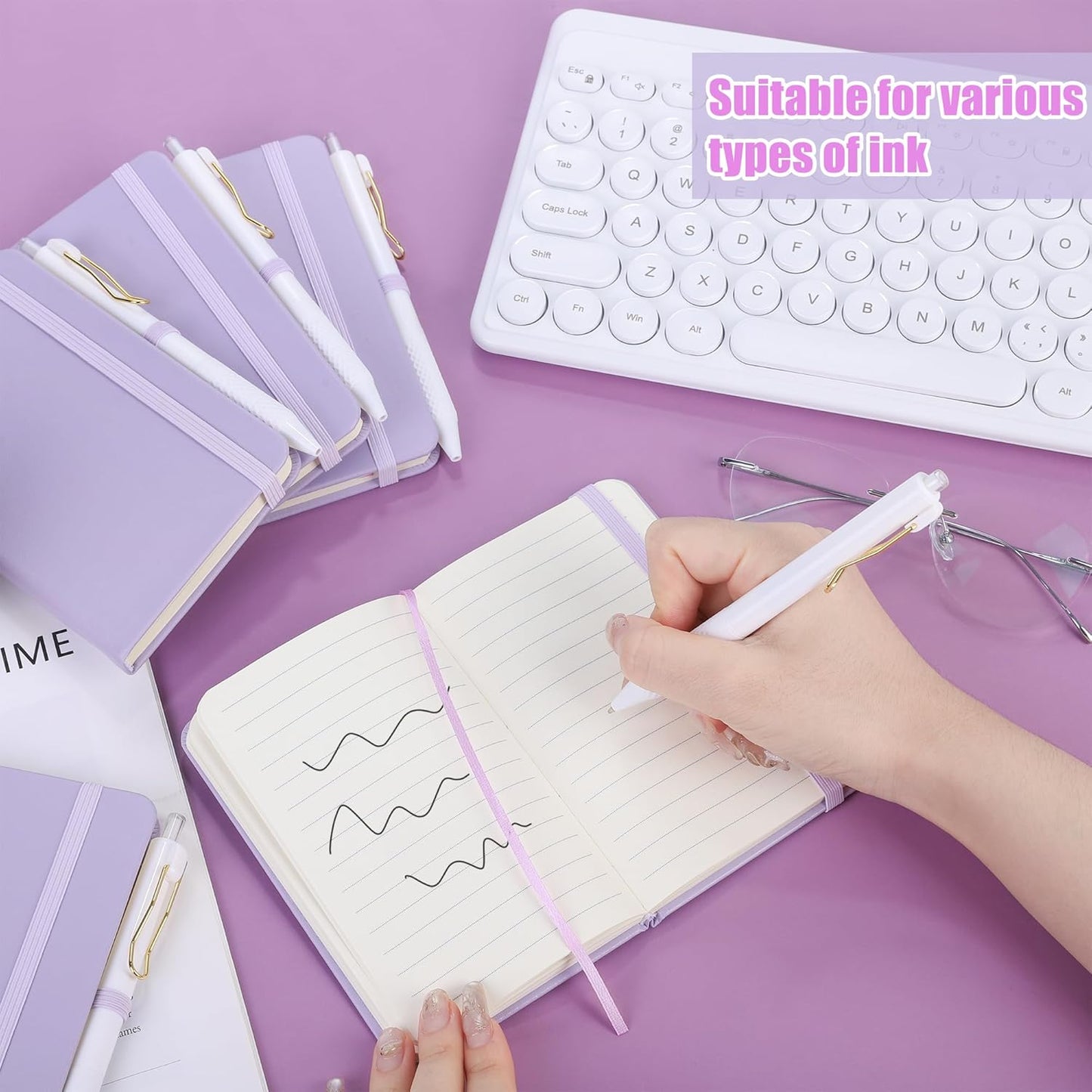 Aodaer 50 Sets Pocket Notebook Journal with Pens, 160 Pages, 3.5 x 5.5 Inch Mini Lined Journal Notebook A6 Leather Hardcover College Ruled Notepad with Pen Holder for School Office Gifts, Lavender