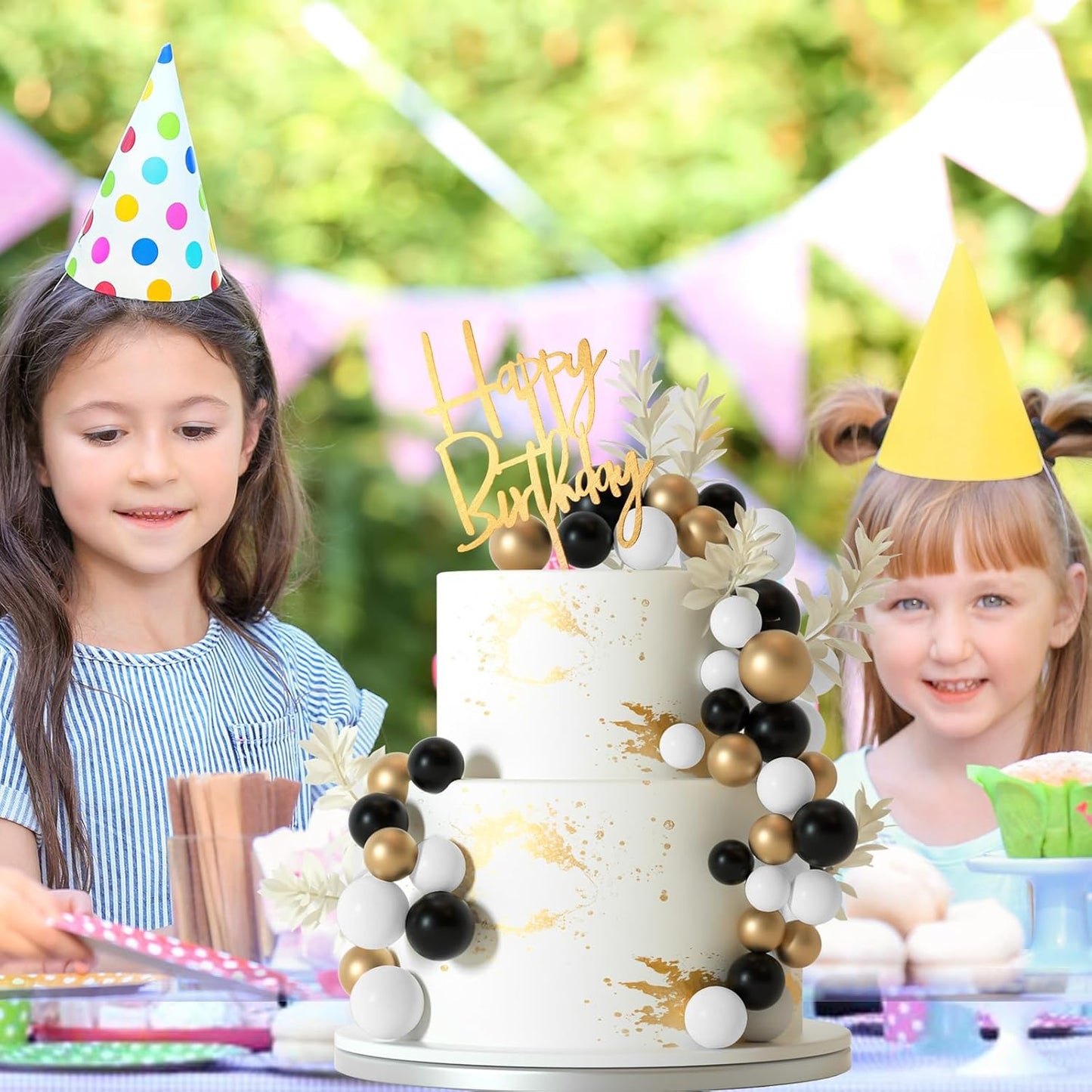 MIAHART Ball Cake Toppers Boho Grass Cake Topper Ball Cake Insert Decoration for Birthday Wedding Baby Shower Party Decorations Boho Themed Party Supplies (black,gold,sliver)