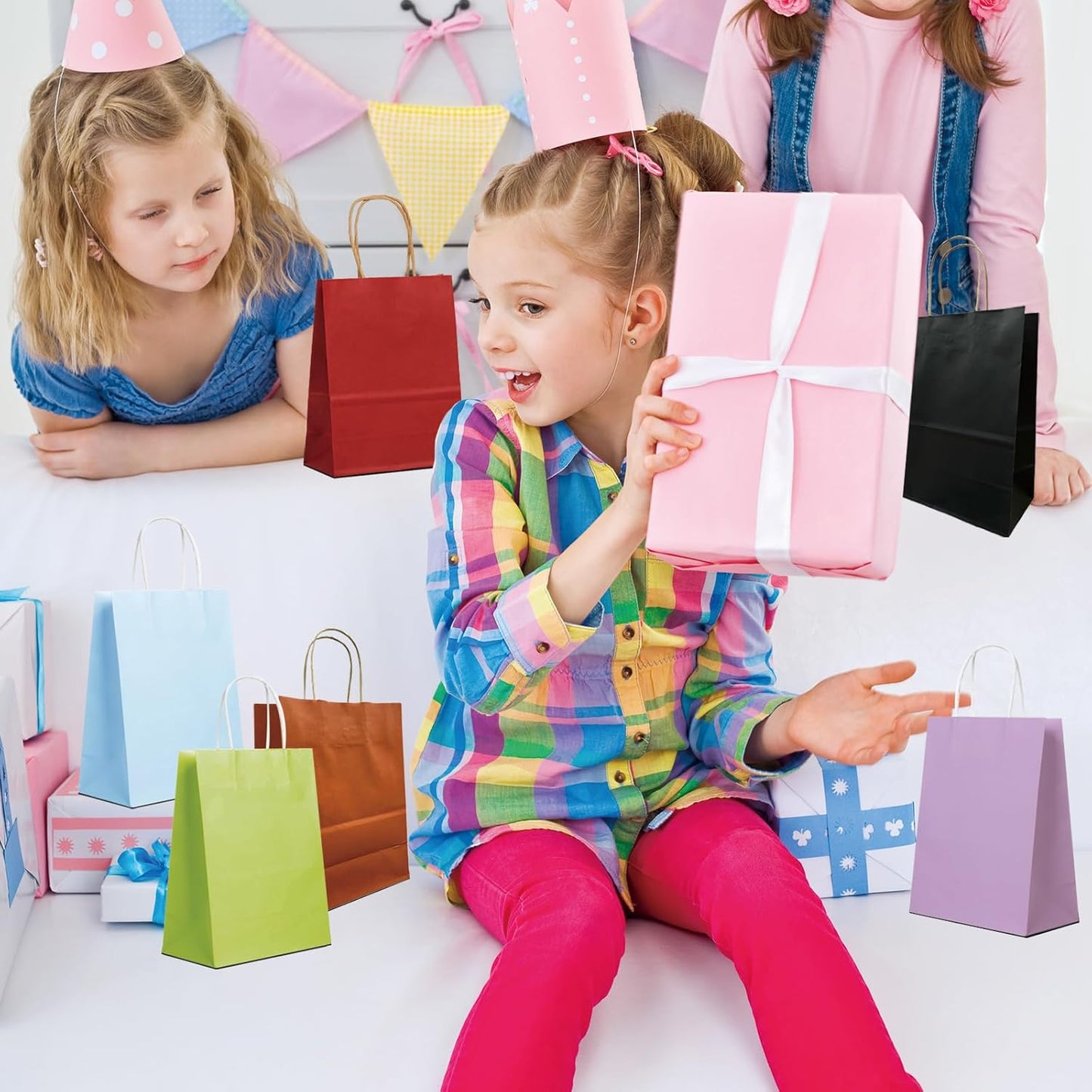 BAG BOX 50 Pack Small 5.9x3.1x8.25 Inch Red Kraft Paper Gift Bags with Handles for Bulk Shopping, Retail, Craft, Party Favors, Wedding, Grocery & Sacks